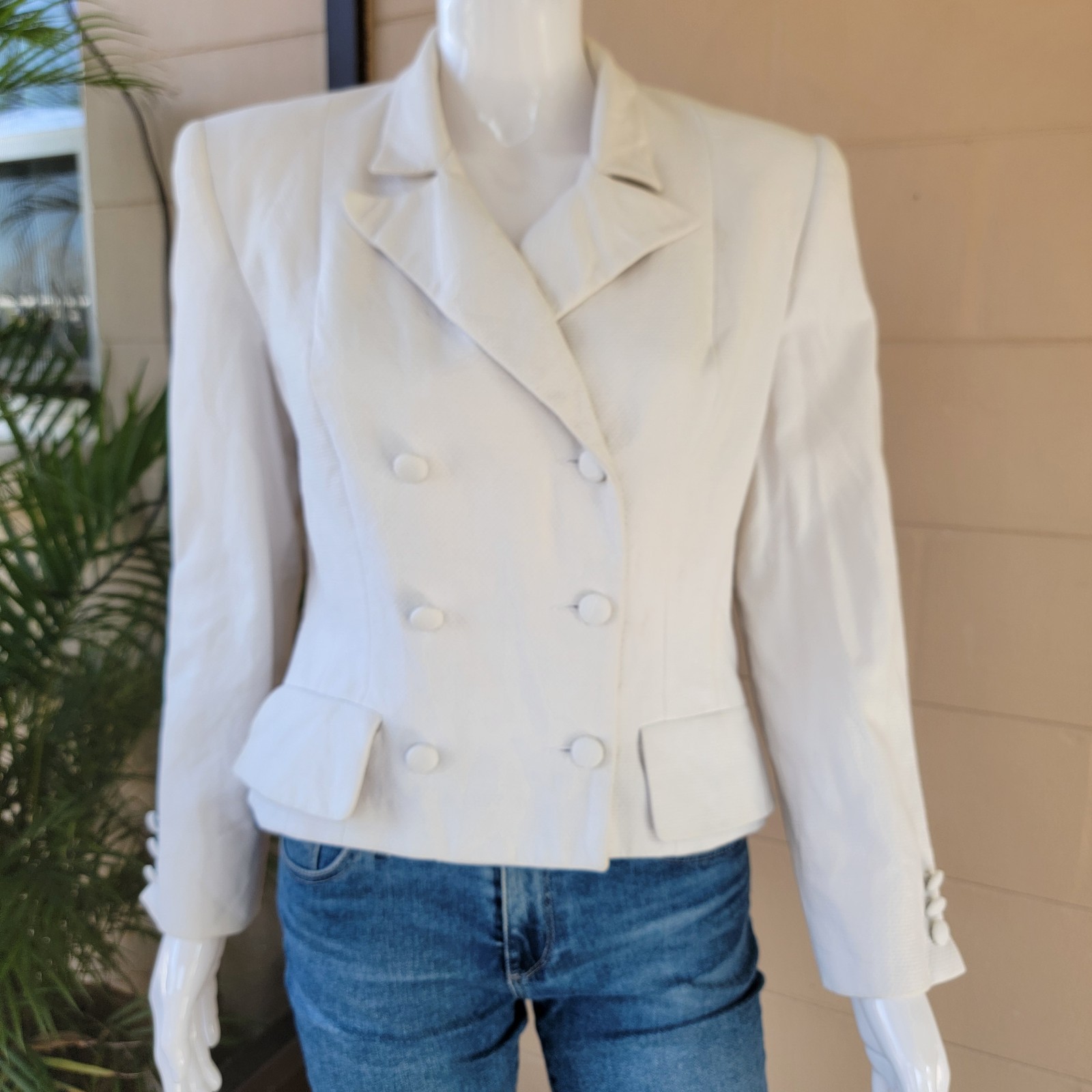 Vintage 80s Ivory White Career Blazer Jacket Double Breasted Women Size S