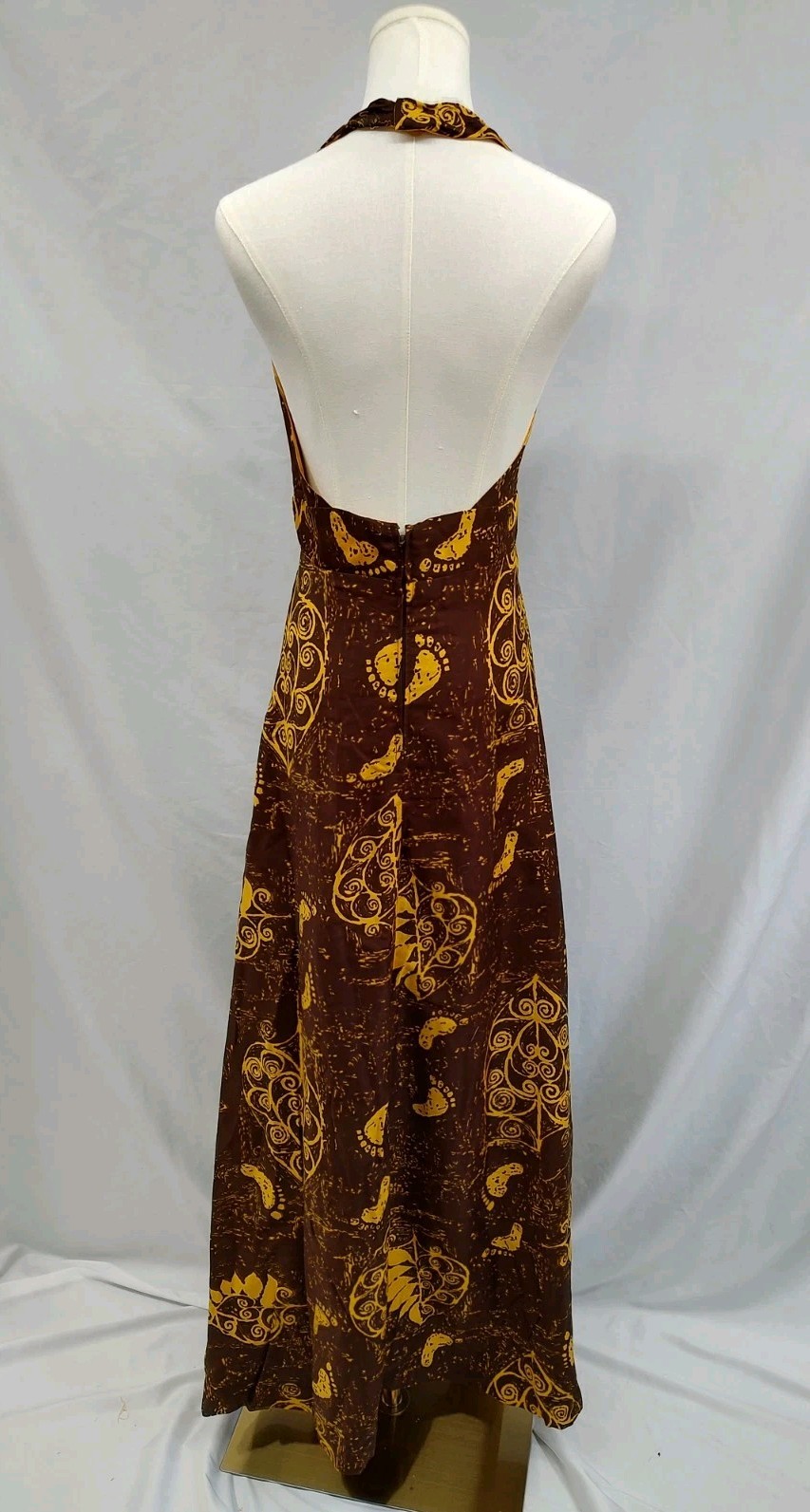 70’s Vintage Hawaiian Dress Maxi Halter Tiki Barefoot Beach Print Brown Sz XS/S