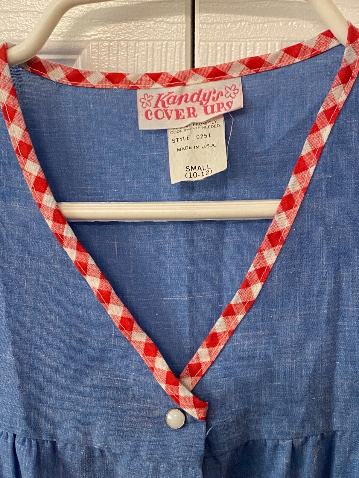 Vtg KANDY’S COVER UPS Womens S Art Smock Vest USA Made BLUE RED PLAID Pearl Snap