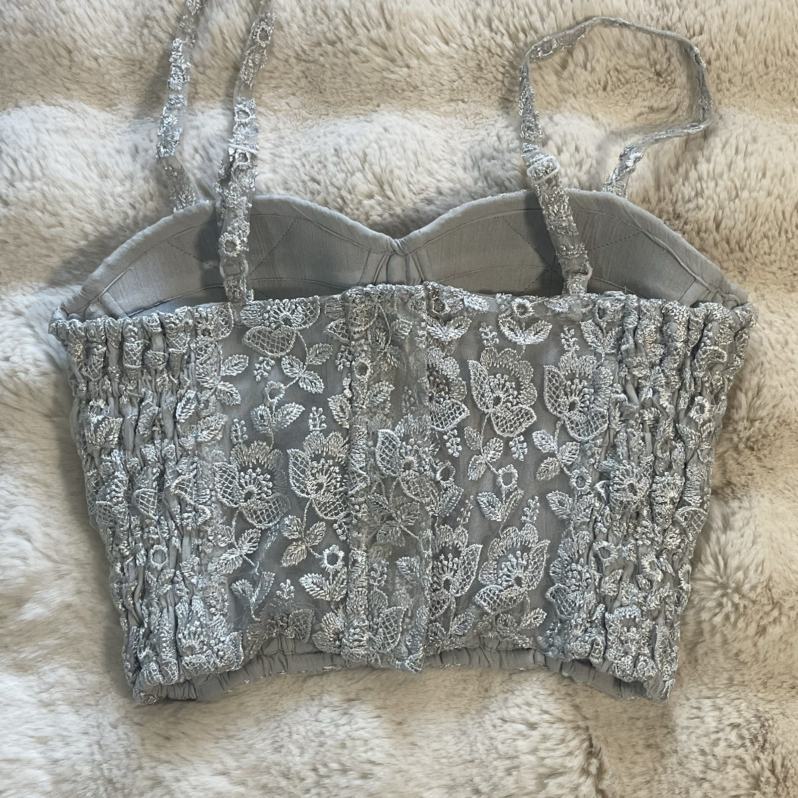 The Icing Vintage 90’s Silver Floral Lace Beaded Bustier Blouse Chic 2 Pc Set