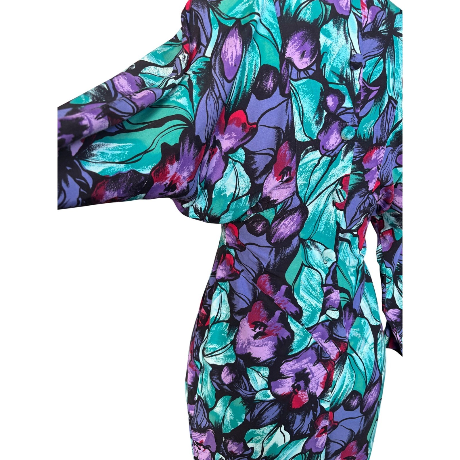 80s Floral Dolman Sleeve April Rain Dress M Teal Purple Multi Vintage