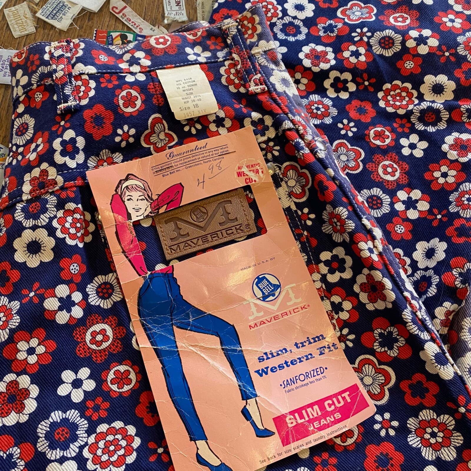 1960s Deadstock Vintage MAVERICK Blue Bell Sanforized Jeans Floral Print Denim