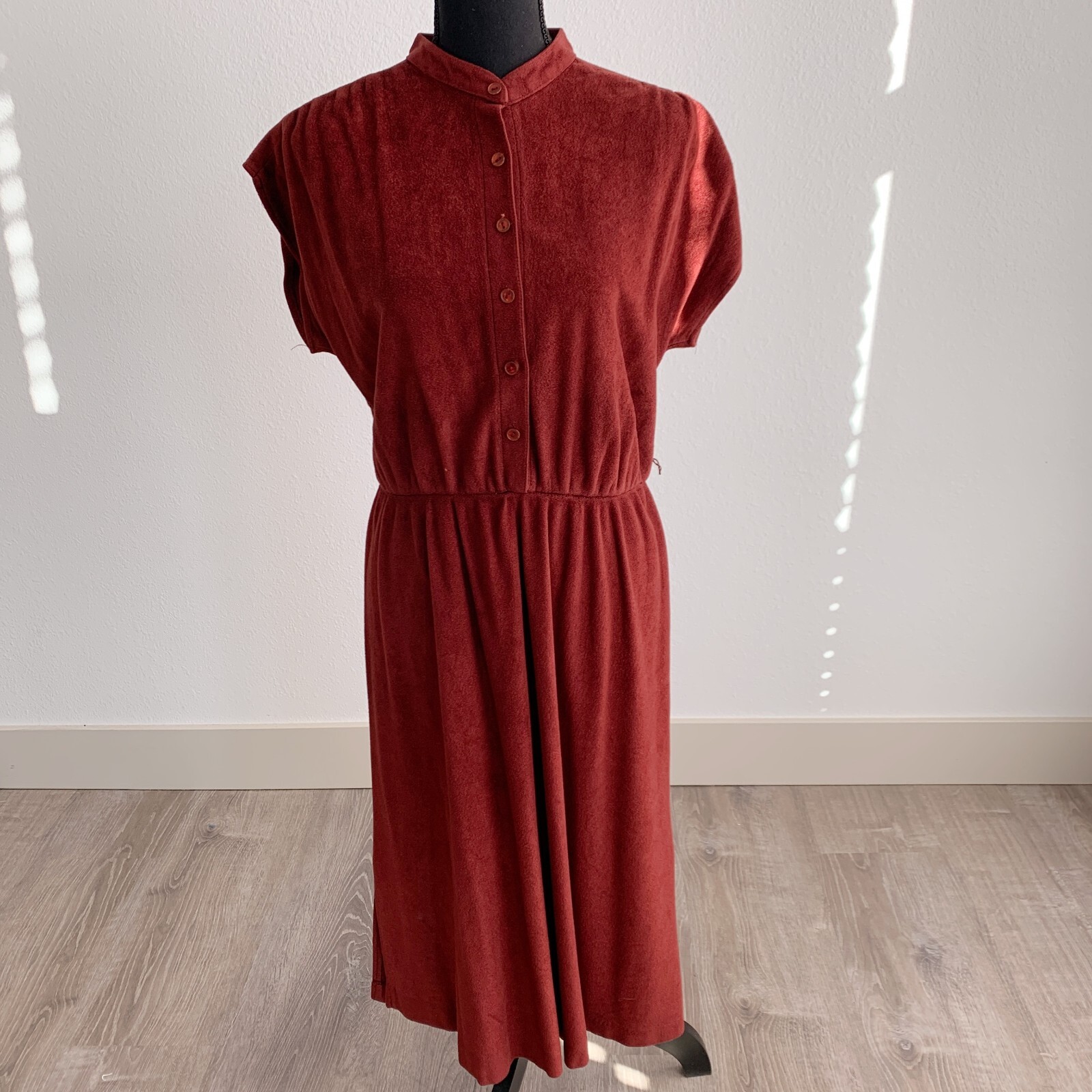 Vintage 70s Rust Velour Cap Sleeve Twee Mandarin Collar Fit Flare Dress 15