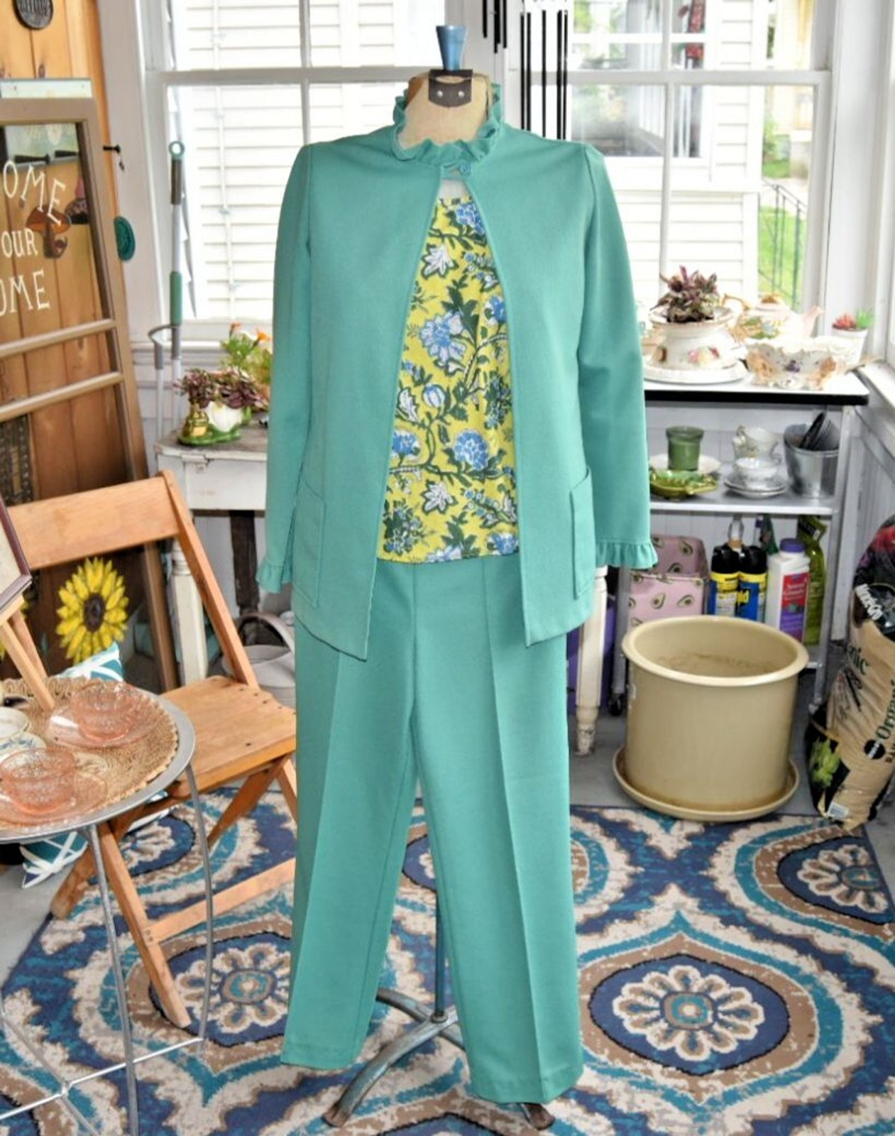 Vintage 70s Leisure Suit „Lady Blair” Disco Set Ruffled Green 2 PC Size Small