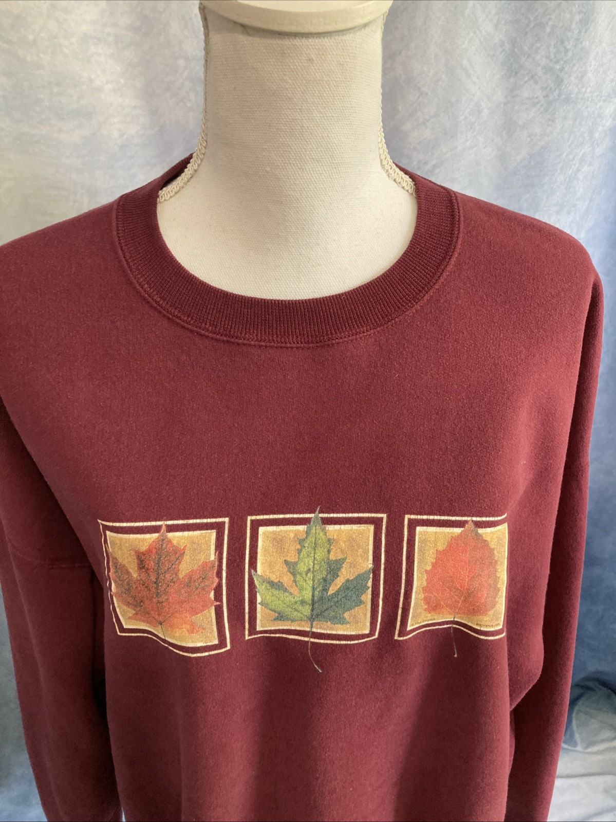 Vtg 90s Grandmacore Fall Leaves Sweatshirt Maroon Burgundy Crewneck Oversized XL