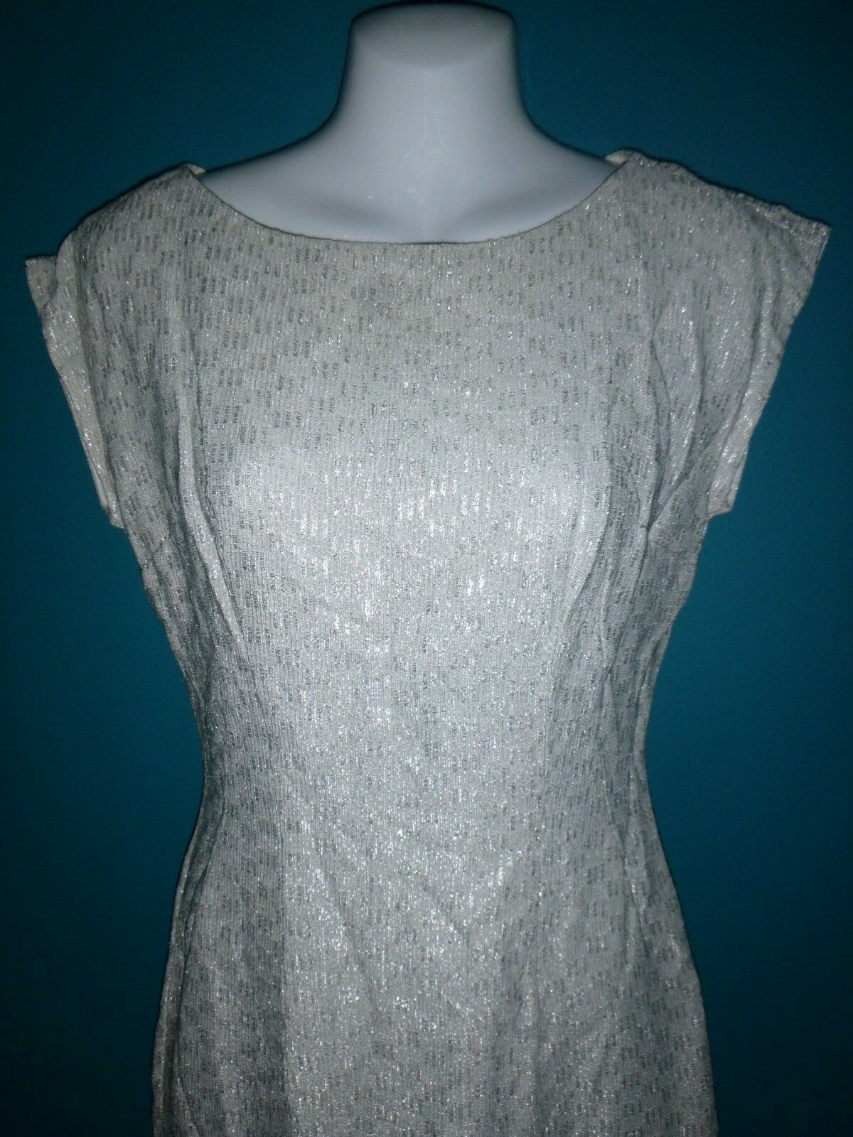 Vtg 50’s 60’s Silver Lame Wiggle Shift Cocktail Dress metallic Threads Size M