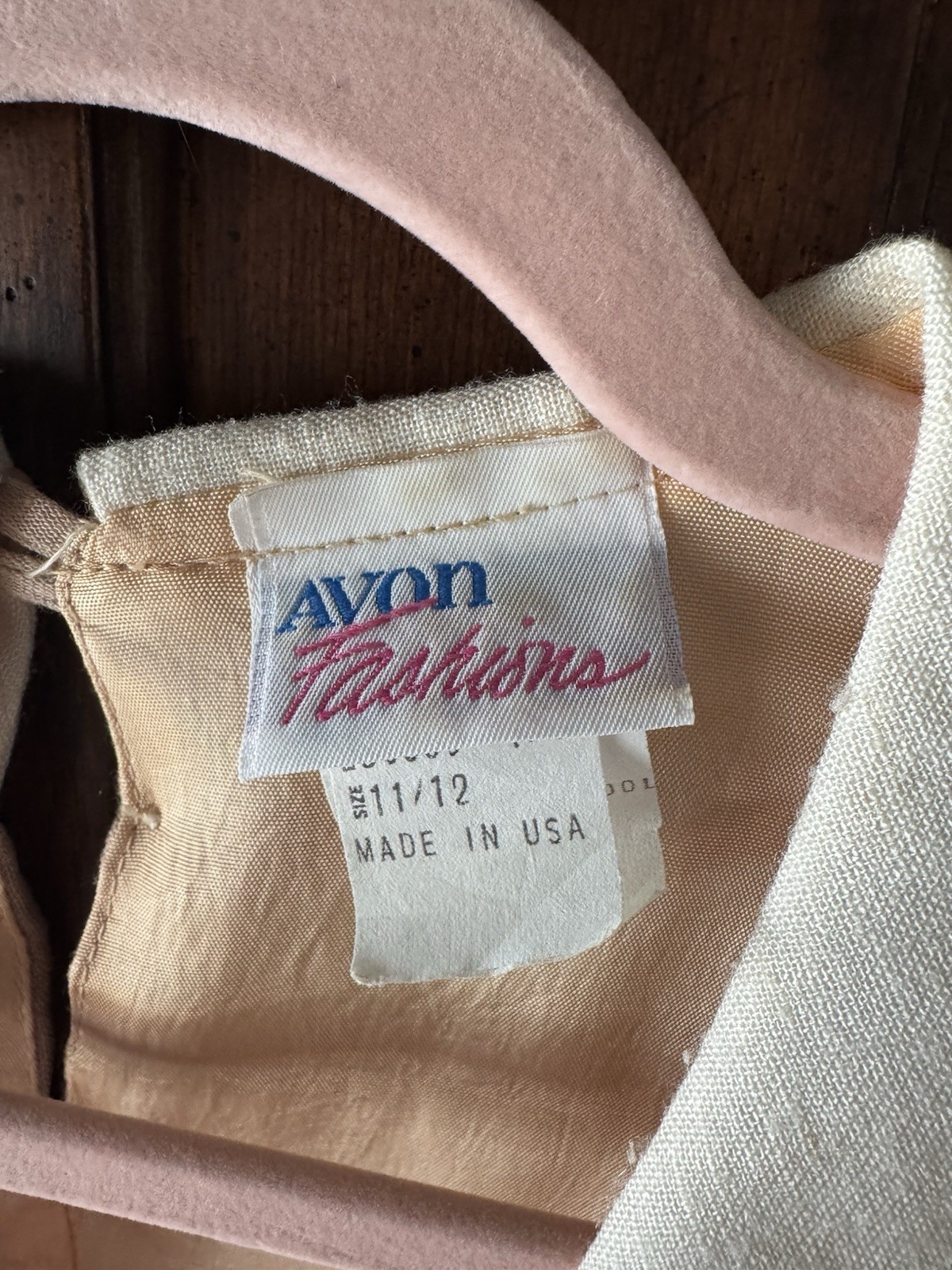 Vintage Avon Fashions Oatmeal Beige Midi Dress White Sailor Collar & Peach Bow