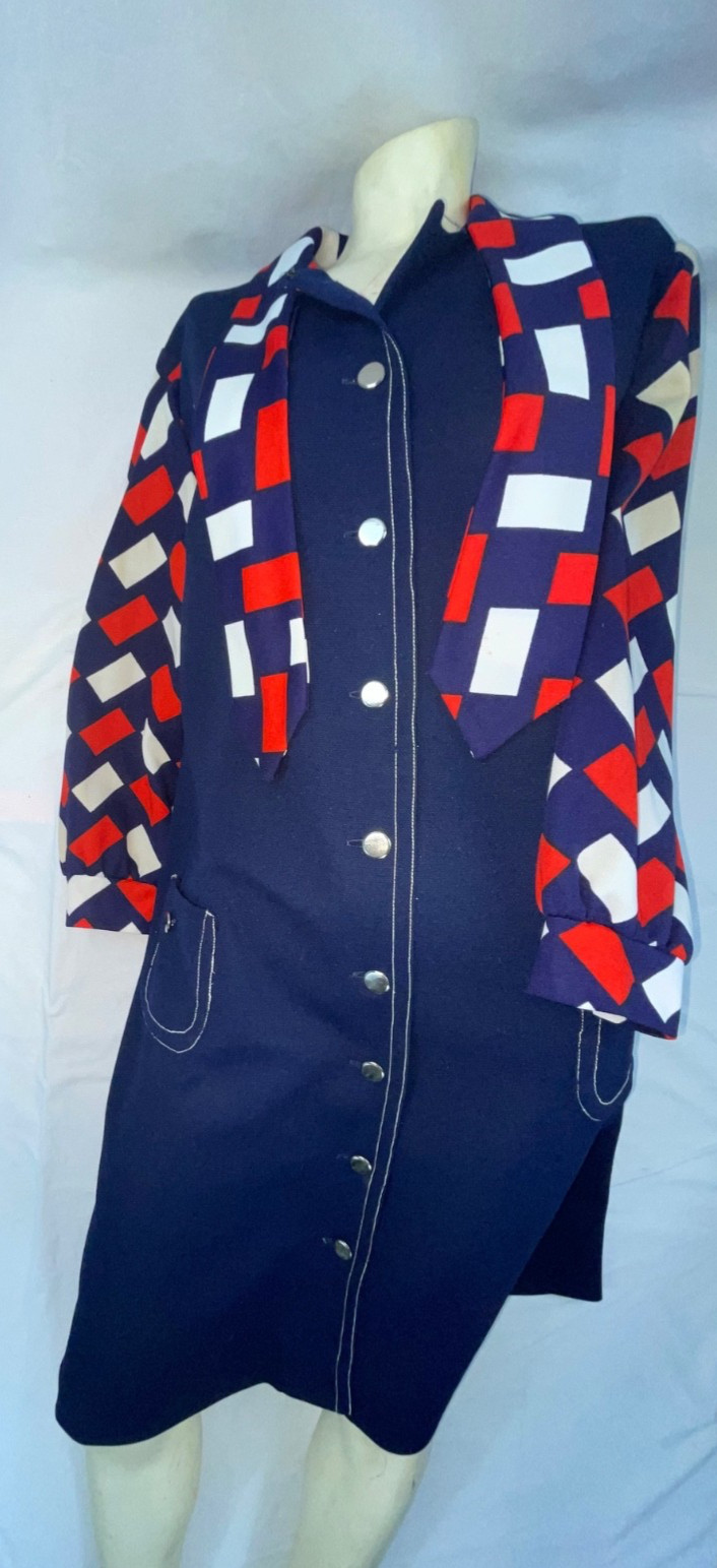 VTG 60S 70S WOMENS M BLUE RED WHITE DISCO MOD RETRO GOGO LONG SLEEVE SCARF DRESS