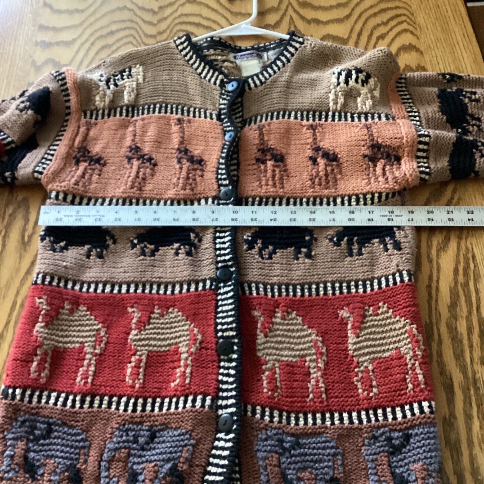 Vintage Mariea Kim Cardigan Sweater Safari Handknit Animals Giraffe Elephants