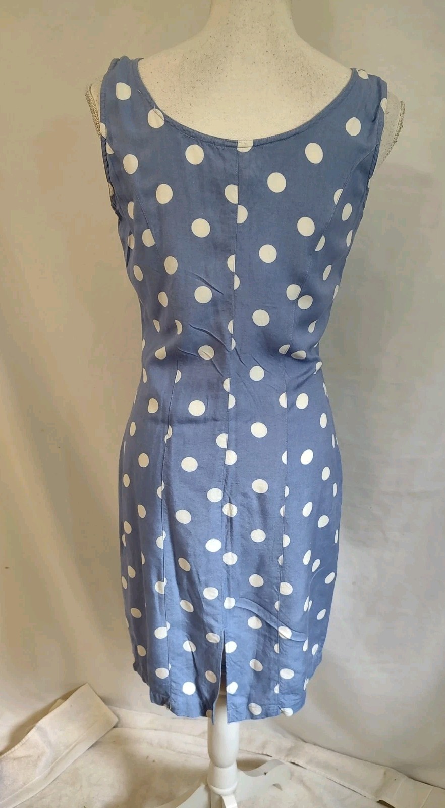 90’s Vintage Dress Together Pencil Dress Blue & White Polka Dot Button Front 8