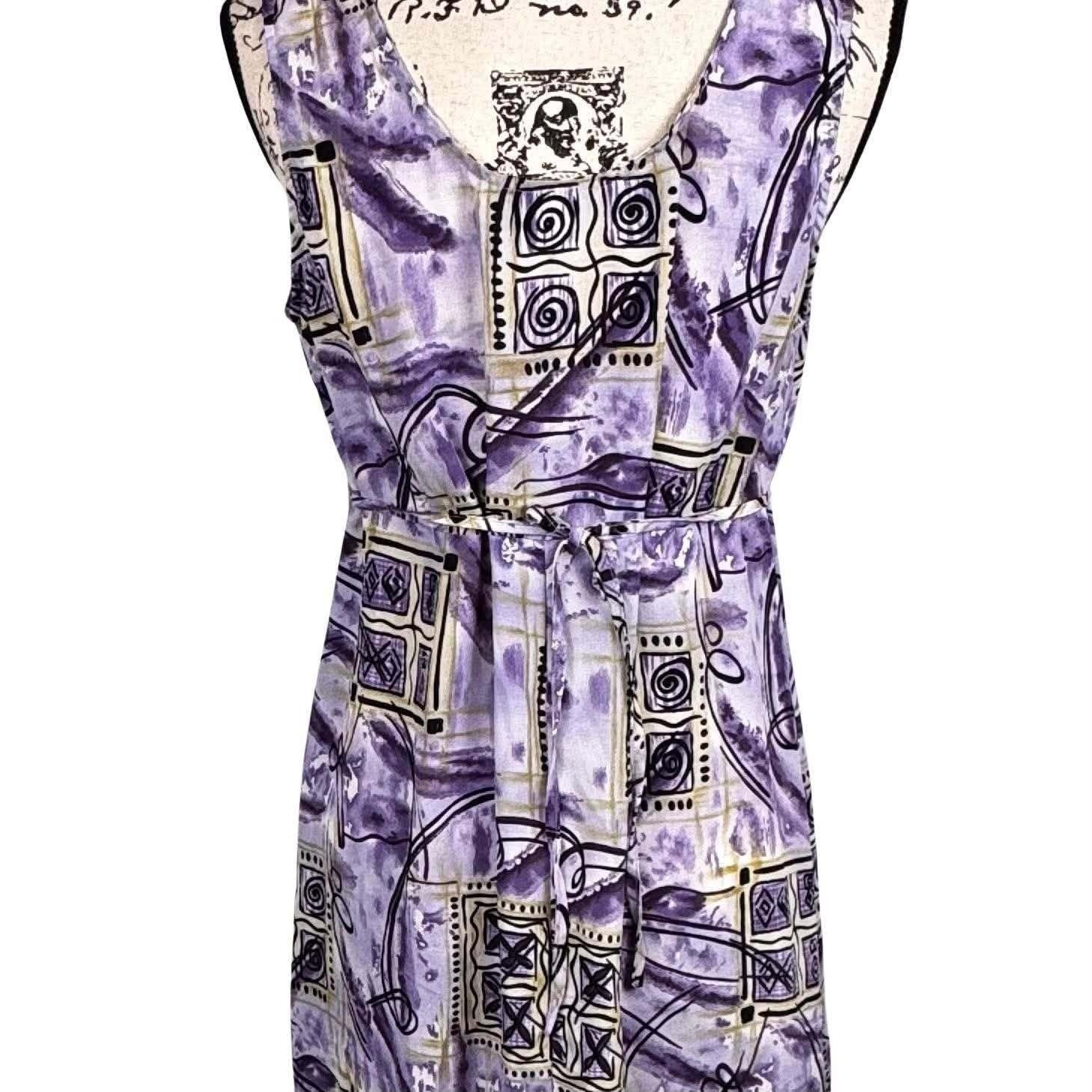 90s Maxi Dress Sleeveless Abstract Geometric Empire Waist Fairy Cottage Sz L