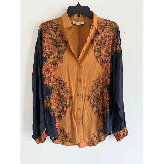 Vintage Floral Paisley Together! Button Down Blouse Womens Medium Orange Navy