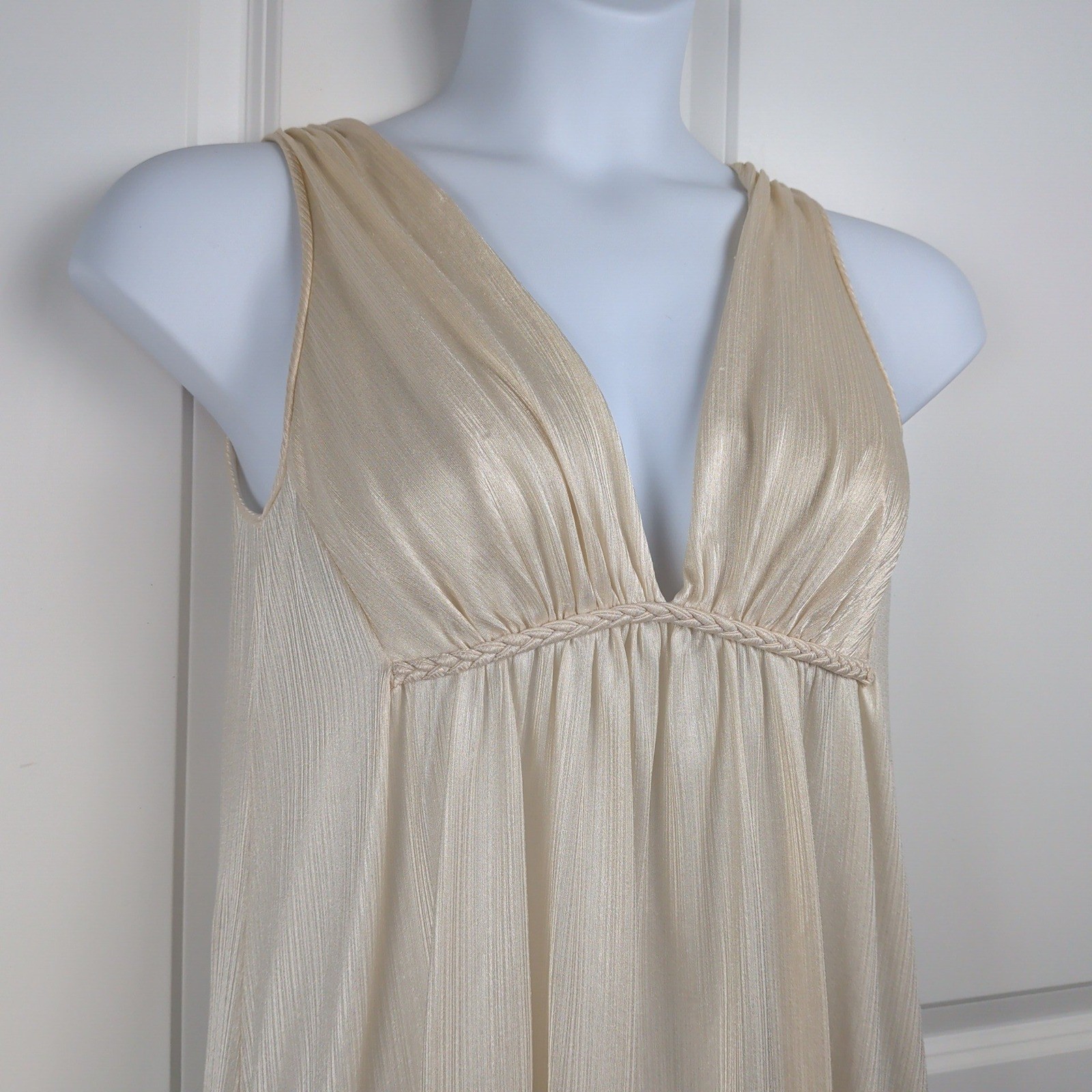 Vintage Grecian Empire Waist Cream Pleated Shimmer Maxi Chemise Lingerie Small