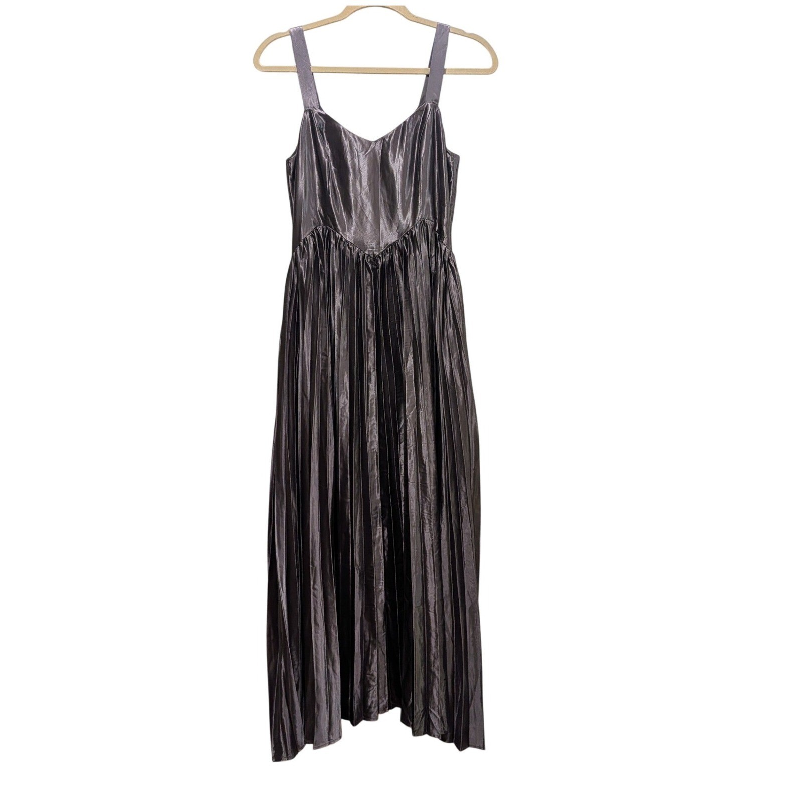 Storia Women Pleated Midi Dress S Pewter Gray Satin Wedding Guest Party Gatsby