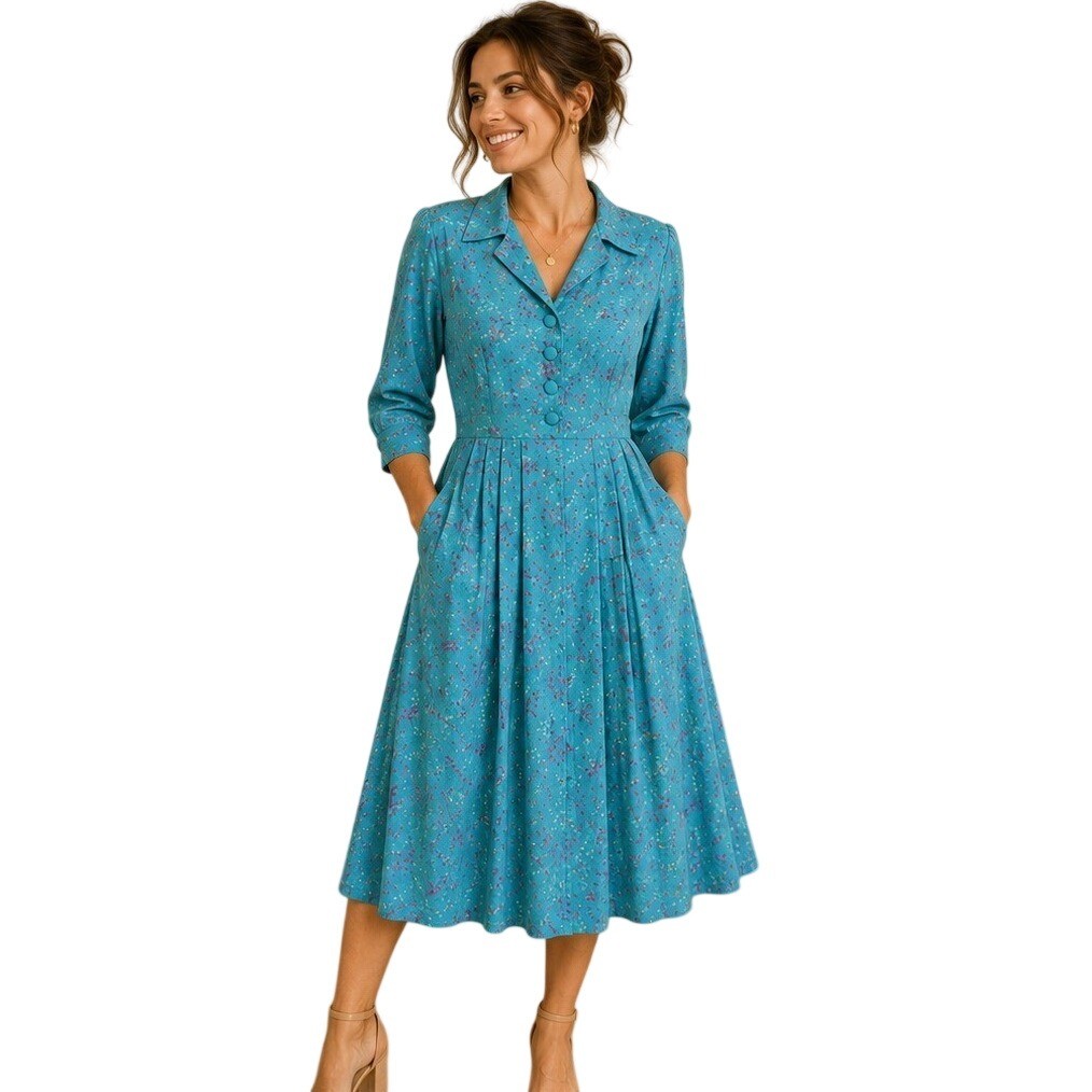 Vintage Turquoise Blue Floral Midi Shirt Dress Handmade 3/4 Sleeve L
