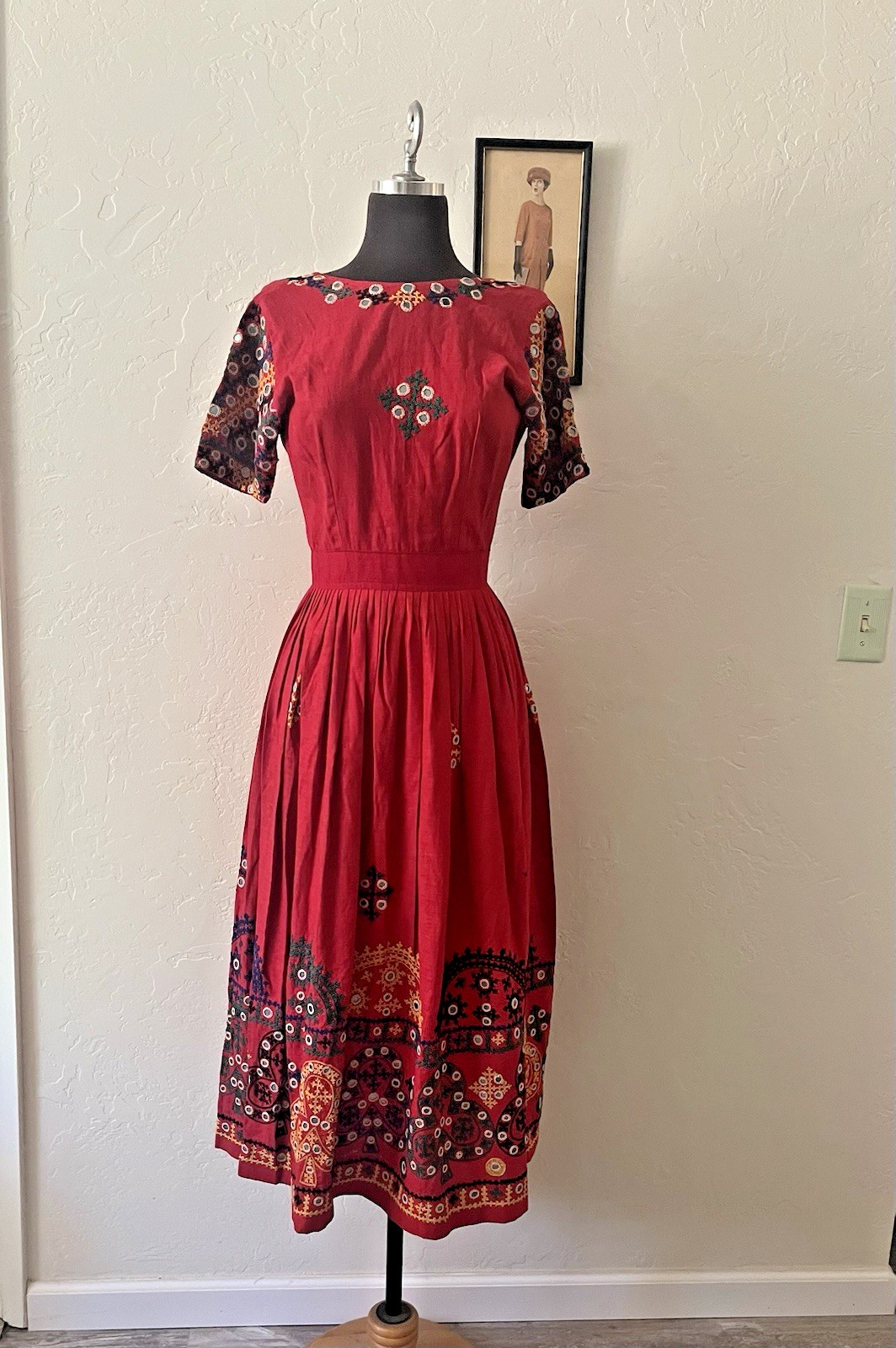 Red Vintage Cotton Dress with embroidery and mirrors, Indian