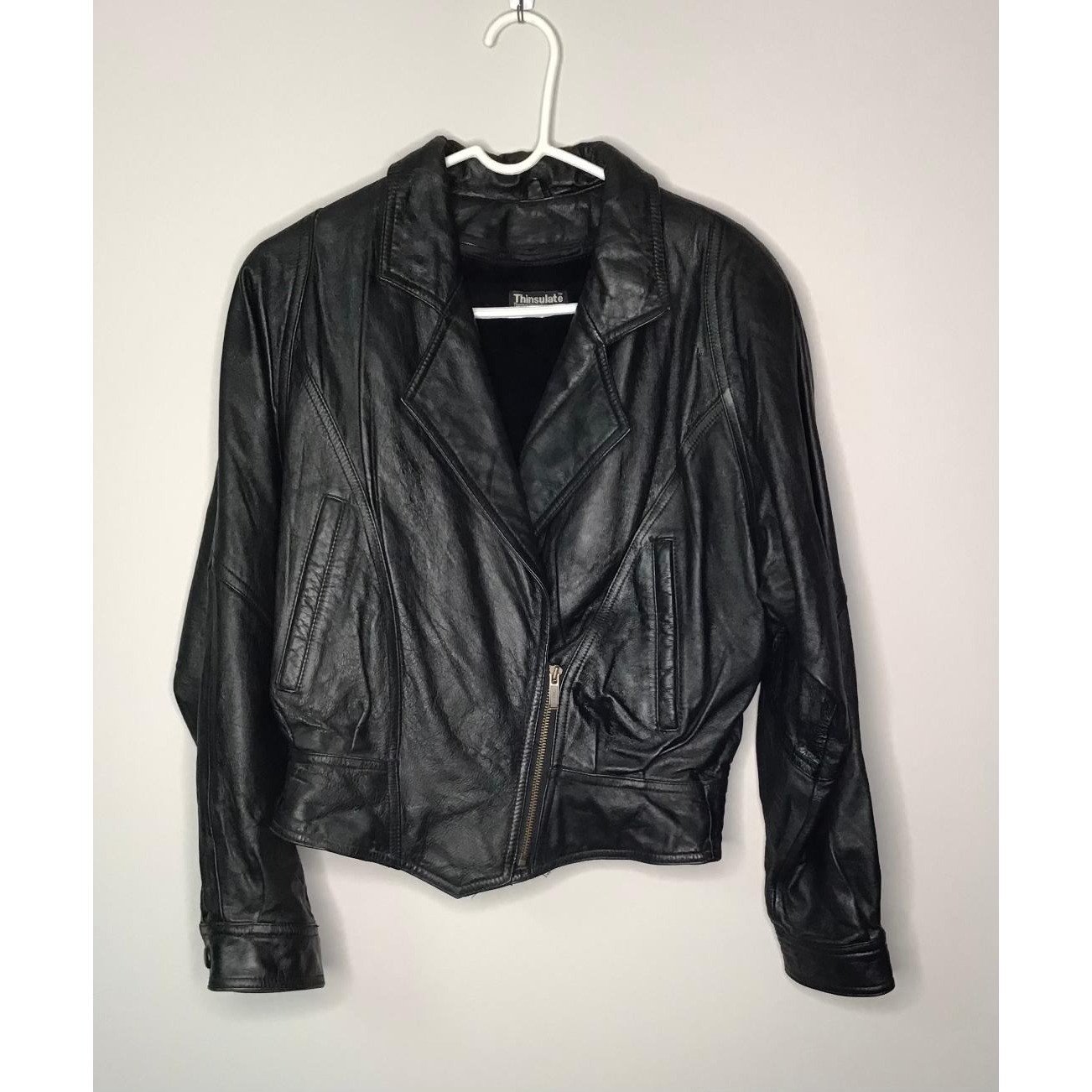 Vintage Wilsons Black Leather Moto Jacket Thinsulate Tie Up Back Biker Coat Sz S