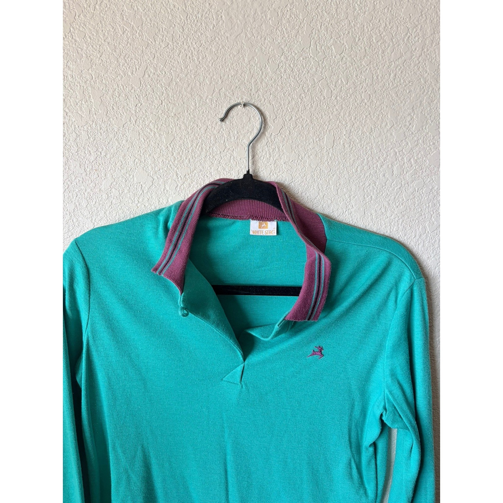 Vintage White Stag Womens Teal Green Long Sleeve Polo Shirt Burgundy Collar Logo