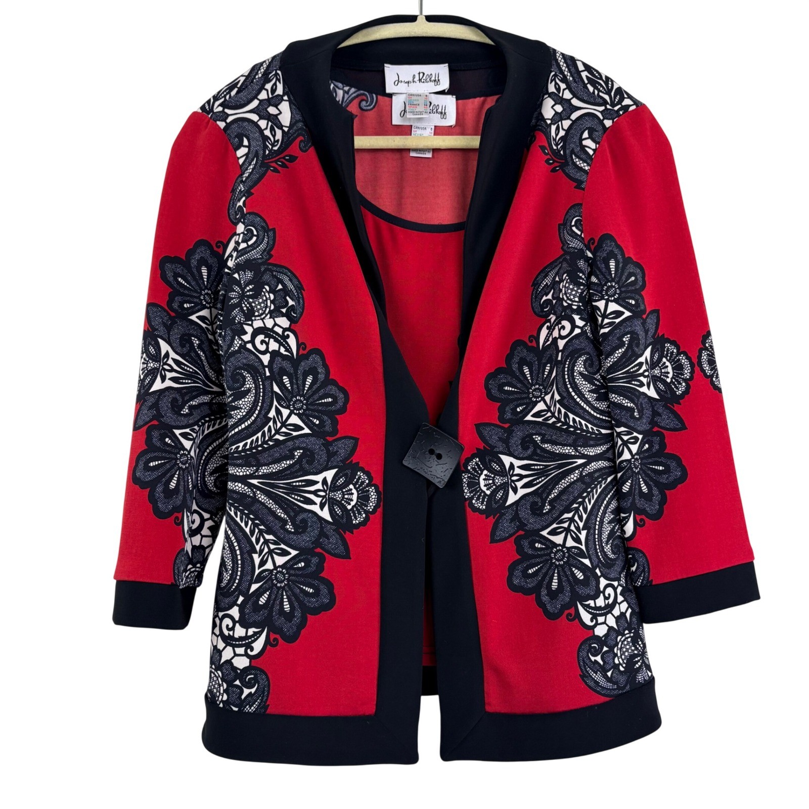 Joseph Ribkoff 8 Red Black Paisley 2pc Set Jacket Tank Career Art to Wear VTG