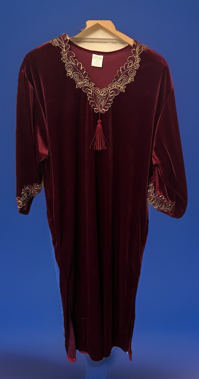 VTG Intimate Style Missy Caftan Velour House Dress Burgandy/Gold Tassel Greek