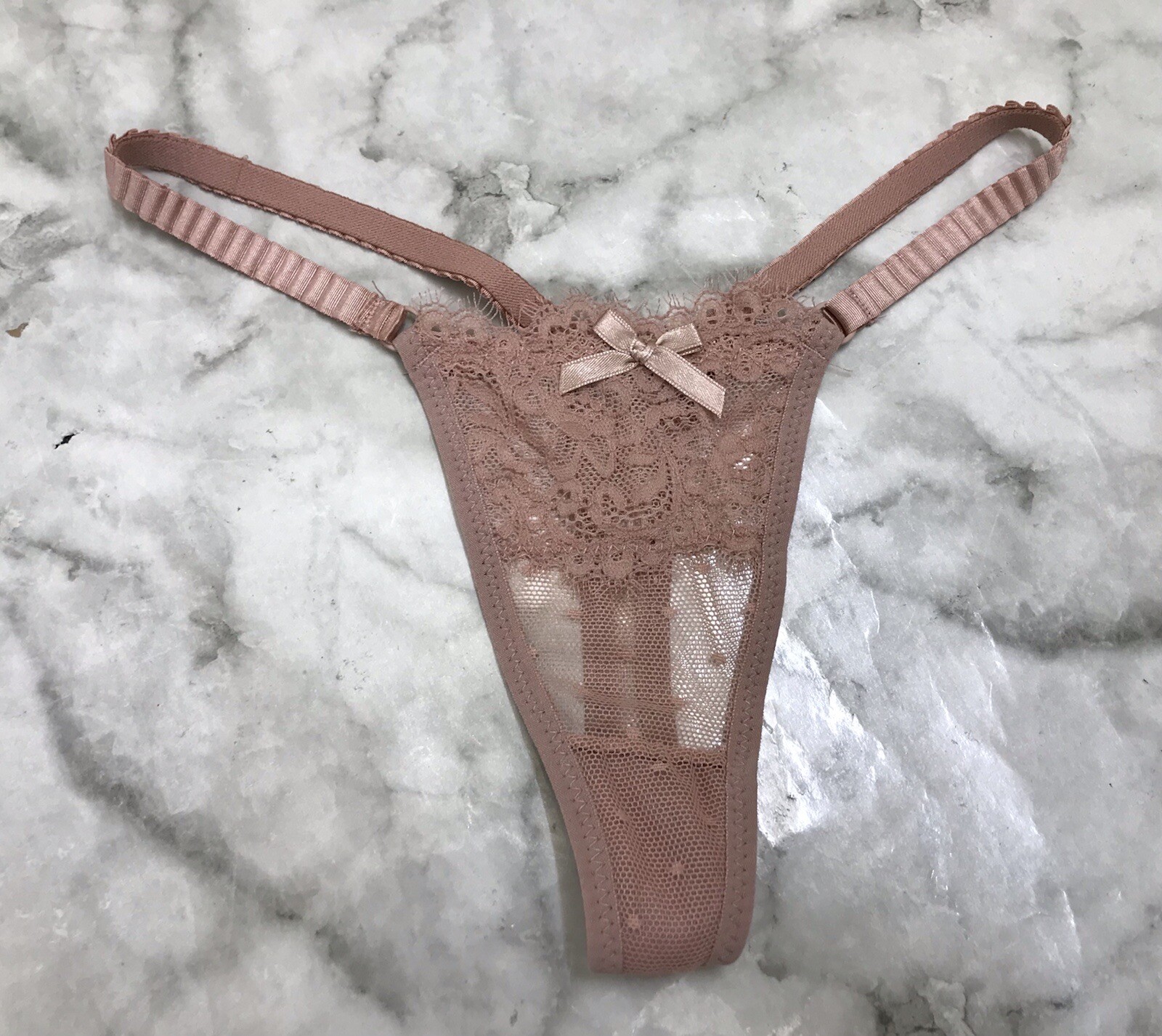 Mesh & Lace Sz Small Thong String Panties Pink Underwear w/ Bow