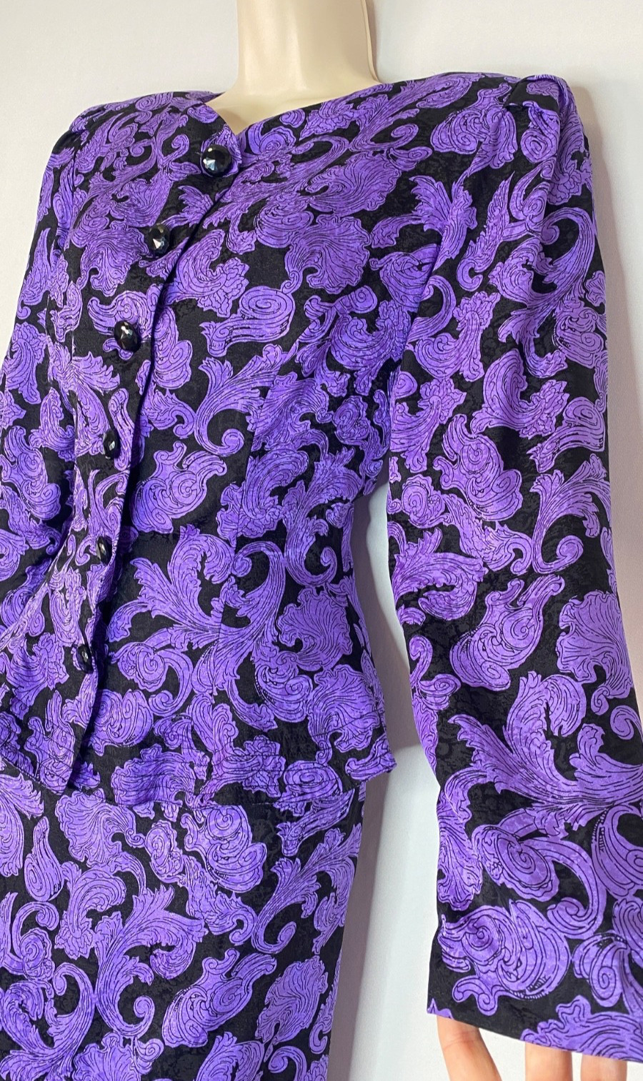 Vintage 1980s silk purple black dress set 1940s Victorian peplum jacket skirt
