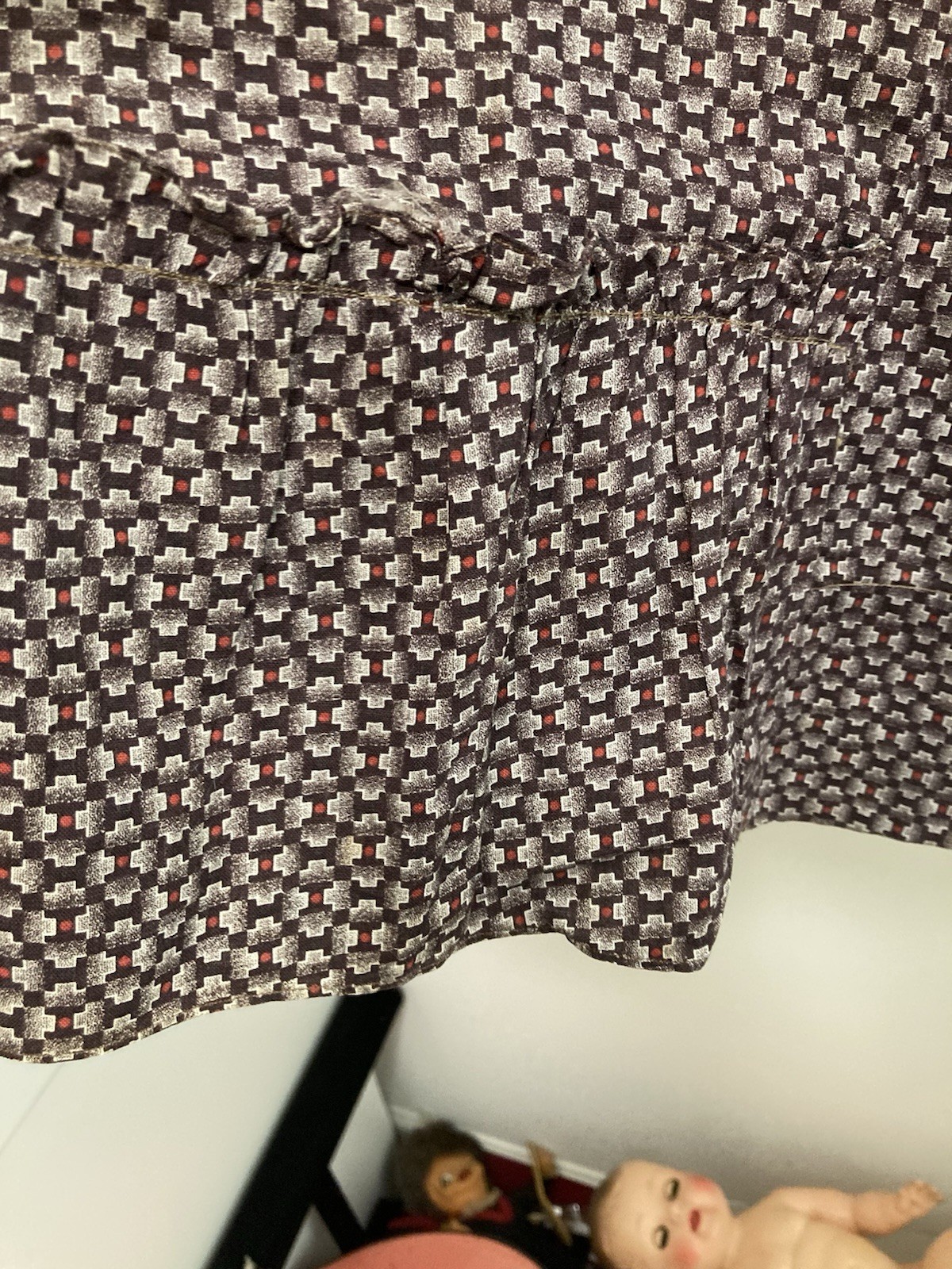 VTG HANDMADE PRARIE BROWN & RED FEEDSACK COTTAGECORE FARM GIRL DRESS