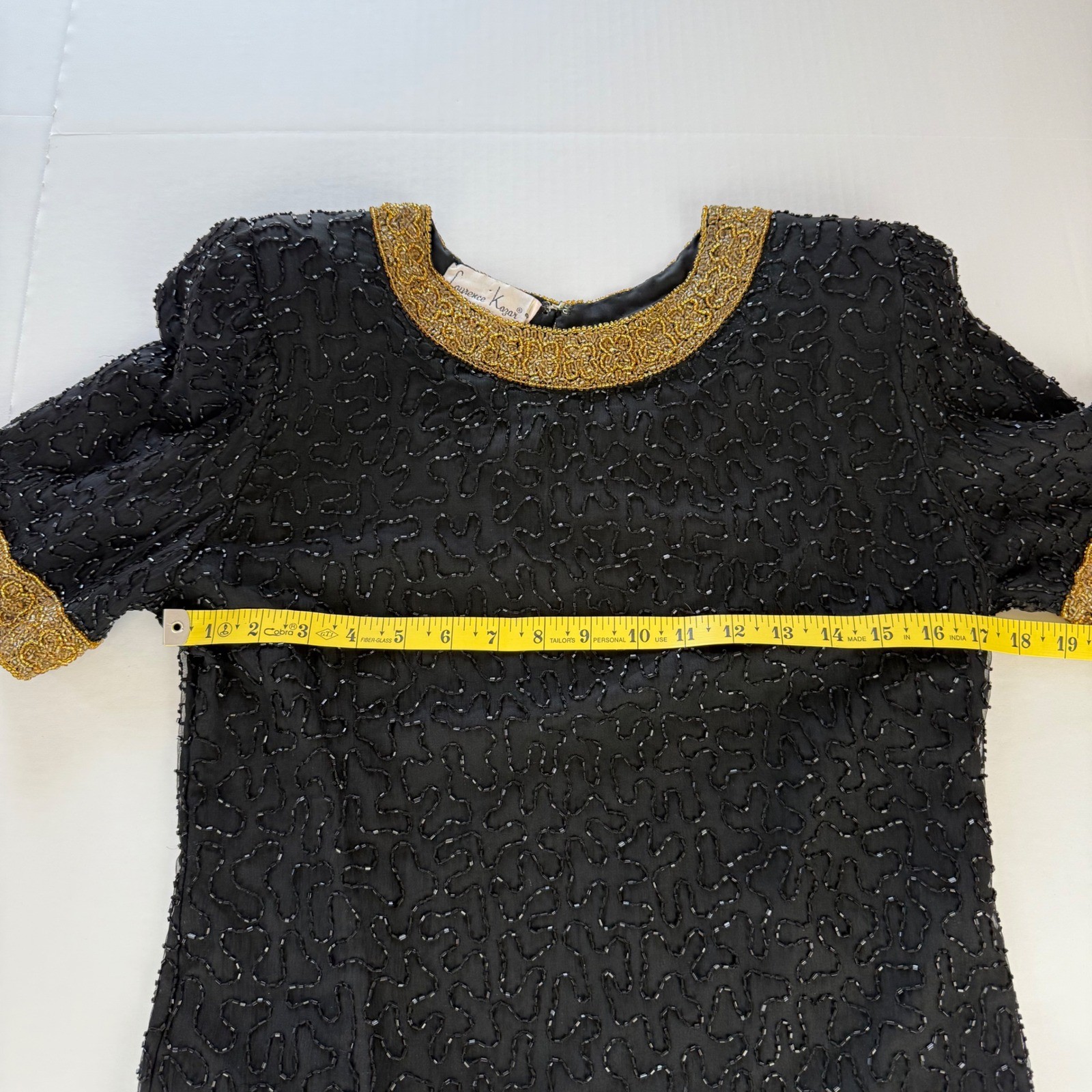 Laurence Kazar Vintage Beaded Silk Top Black Gold Evening Blouse Small Short Slv