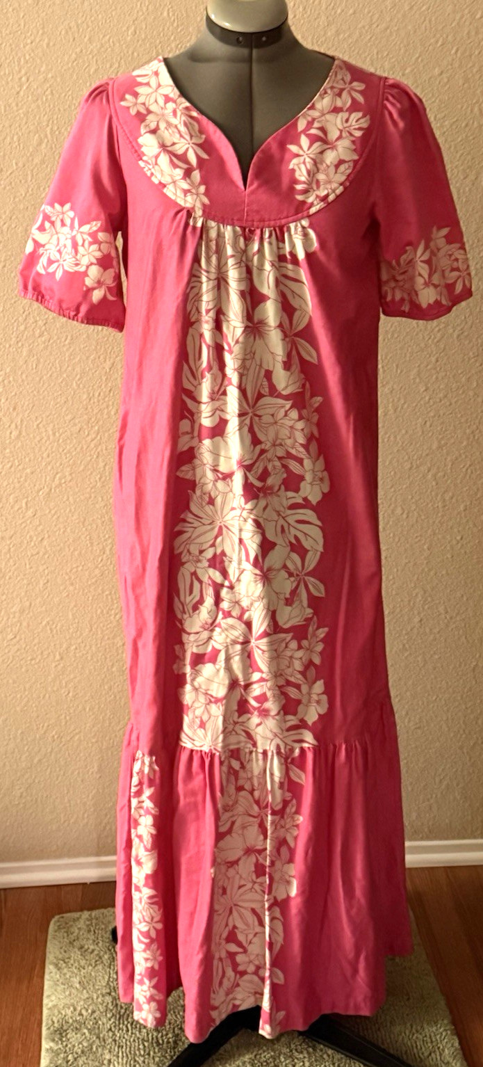 Vtg Royal Creations Hawaiian Dress Cotton 100% Tropical Pink Floral Ruffle M