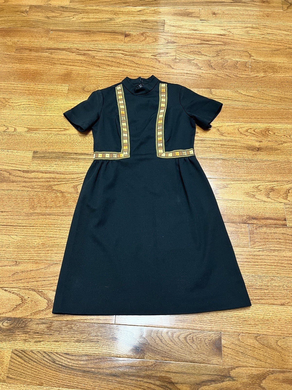 70s Sears Fashion Black Mini Dress With Floral Design