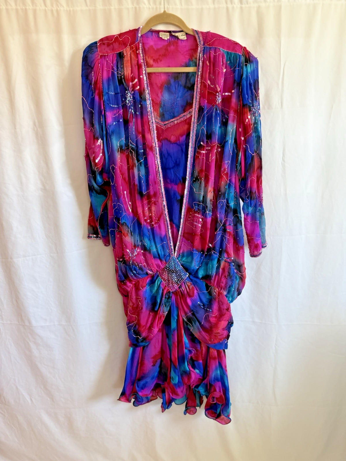 Vintage Judith Ann Creations Pink Purple Silk Beaded Dress – Size Large