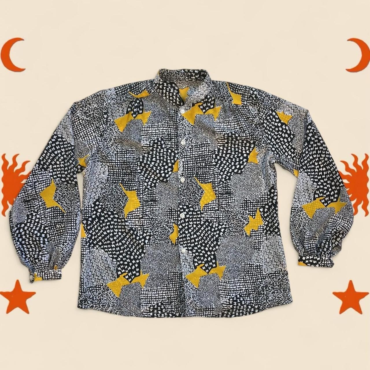 Vintage 80s Women’s Blouse Colorful Black White Yellow Mix Print Secretary Retro