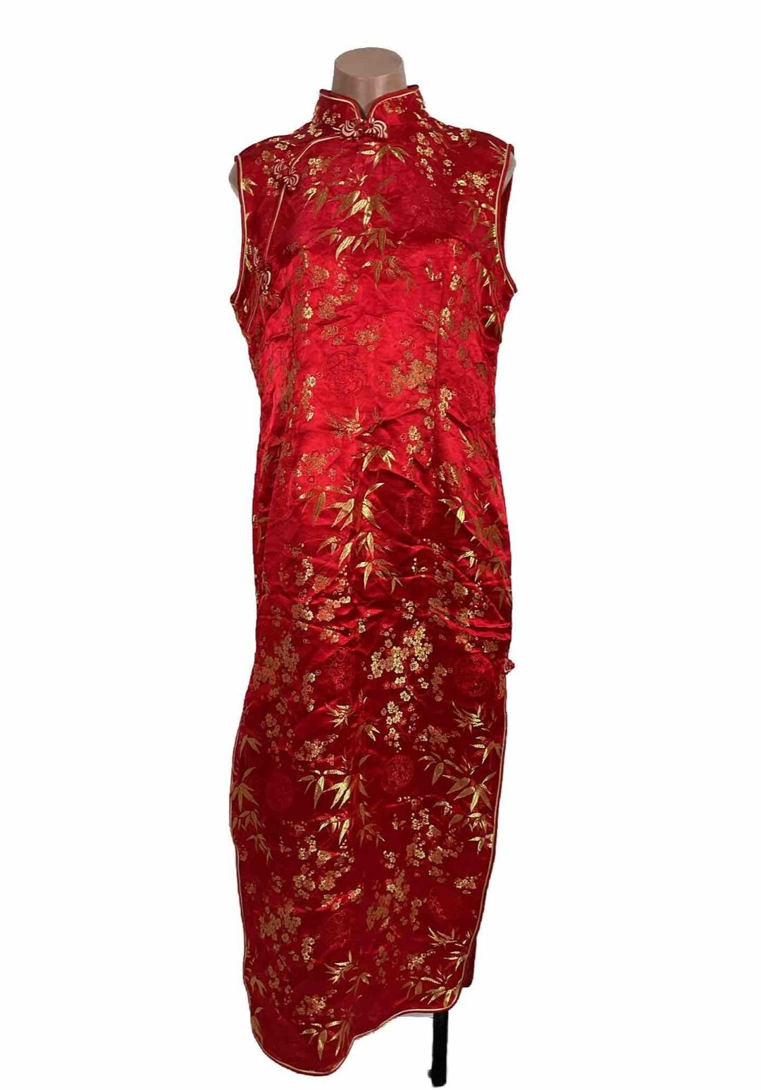 Asian Floral Cheongsam Vintage Dress Mandarin Collar Metallic Gold Red Sz 3xl PH