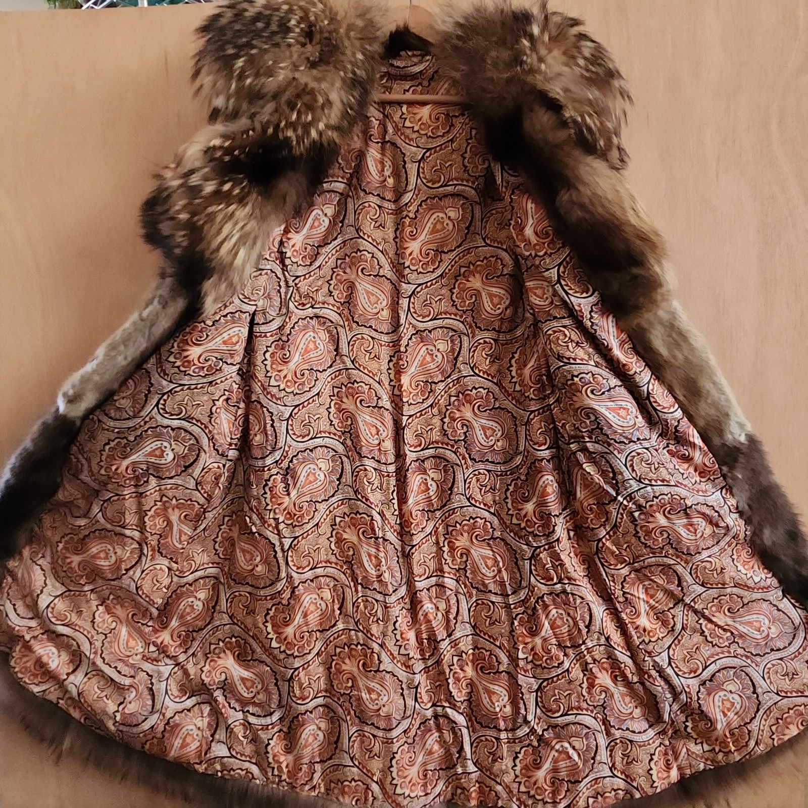 Vintage Rabbit Fur Coat w/ Raccoon Fur Collar & Trim Paisley Lining 41″ -AS IS-