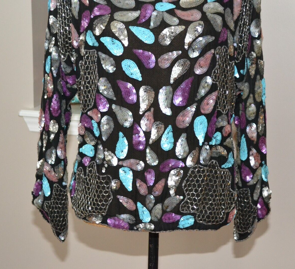 Pure Silk Vtg 1980 s Sequin Embroidered Beaded Blouse Designer Blouse sz M