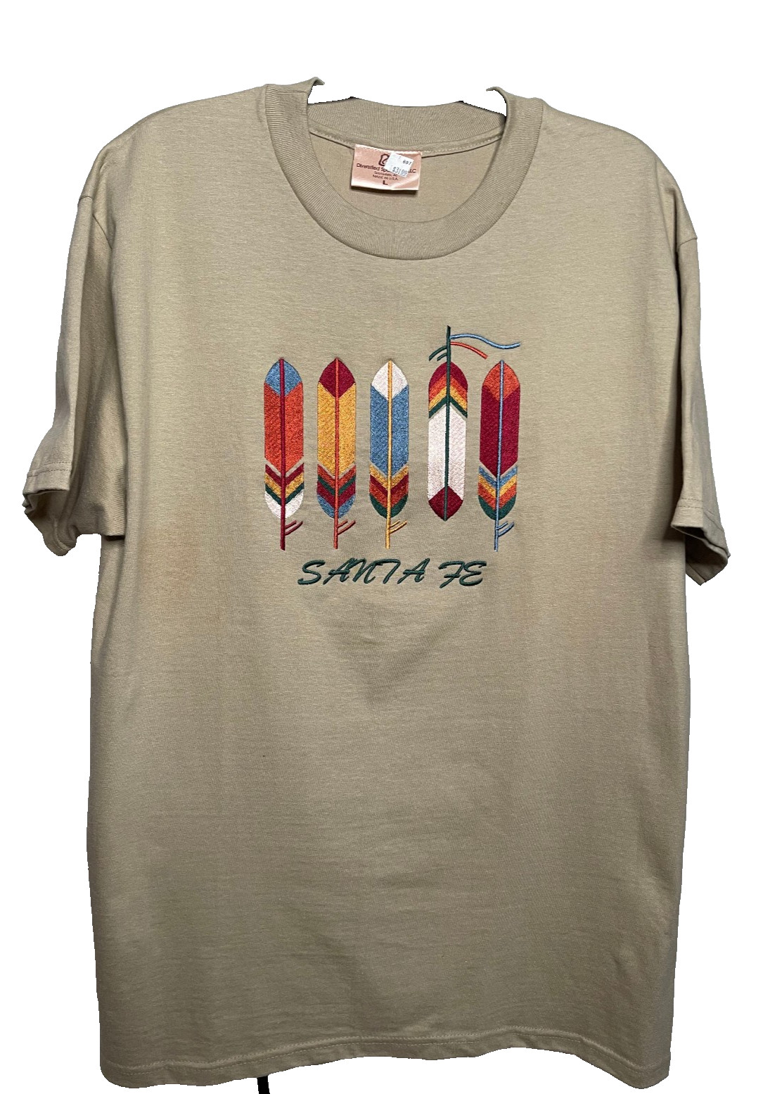 Santa Fe Embroidered Feathers Beige T-Shirt Cotton Size Large Made In USA NEW A3