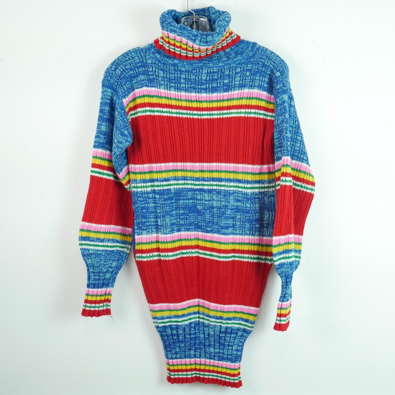 Vintage S M Rainbow Sweater Dress Turtleneck 70s Stripe Multicolor Tunic Mini