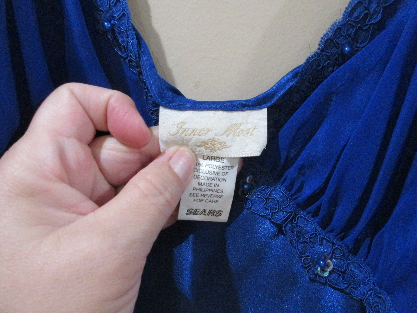 VTG 90’s SEARS INNER MOST BLUE SATIN W/ SEQUIN CHIFFON BODICE NIGHTGOWN SZ L
