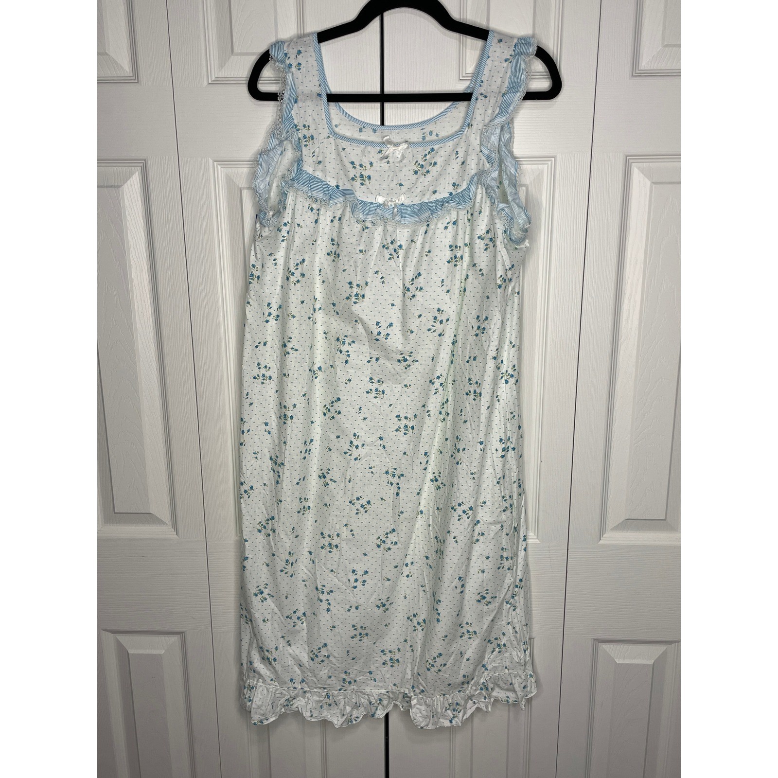 Greencraft Vintage Nightgown Floral Cottagecore Coquette White Blue Cotton Large