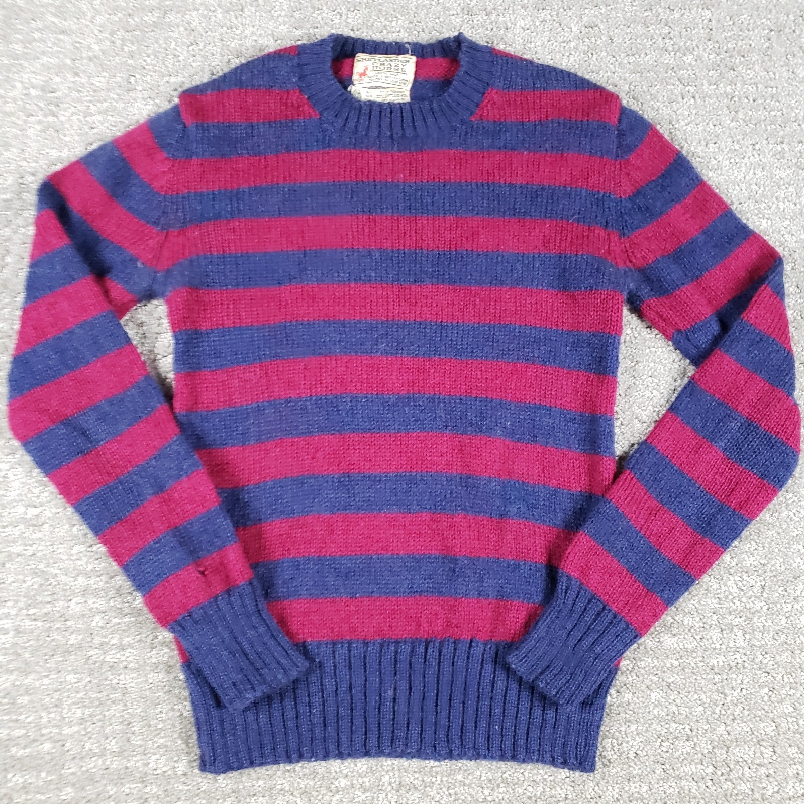 Vintage 70s Shetlander Crazy Horse Sweater Womens XS Shetland Wool Striped