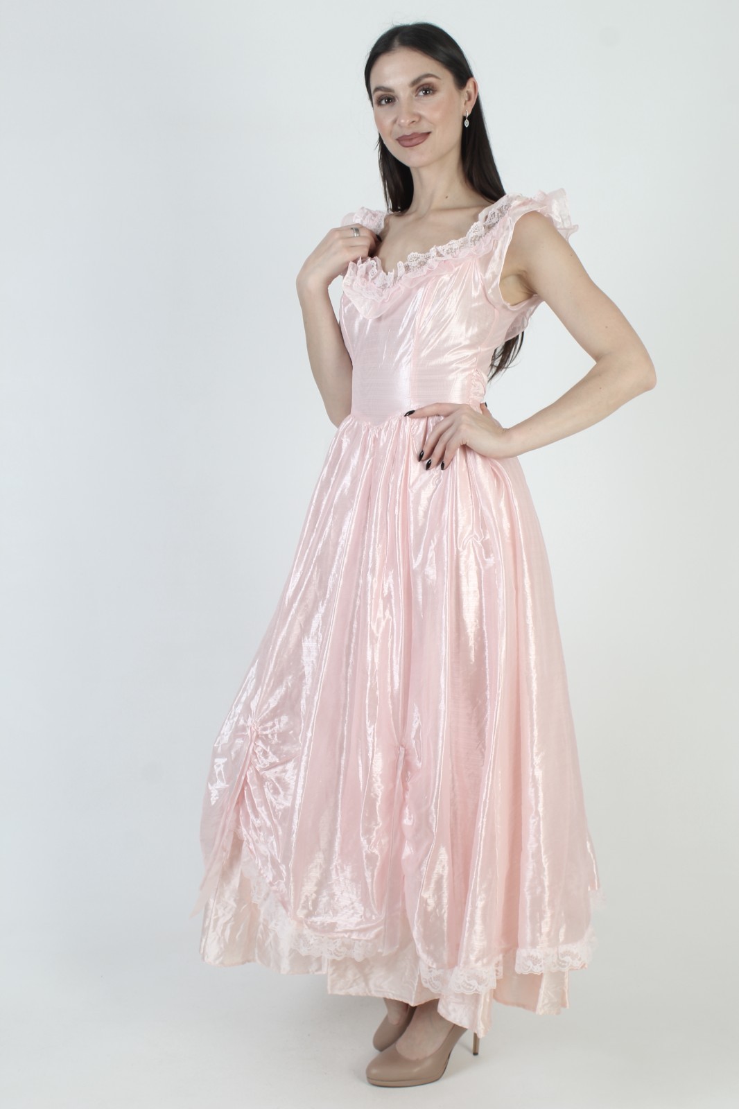 Vintage Pink Victorian Bridal Dress Old Fashion Southern Belle Prom Wedding Gown