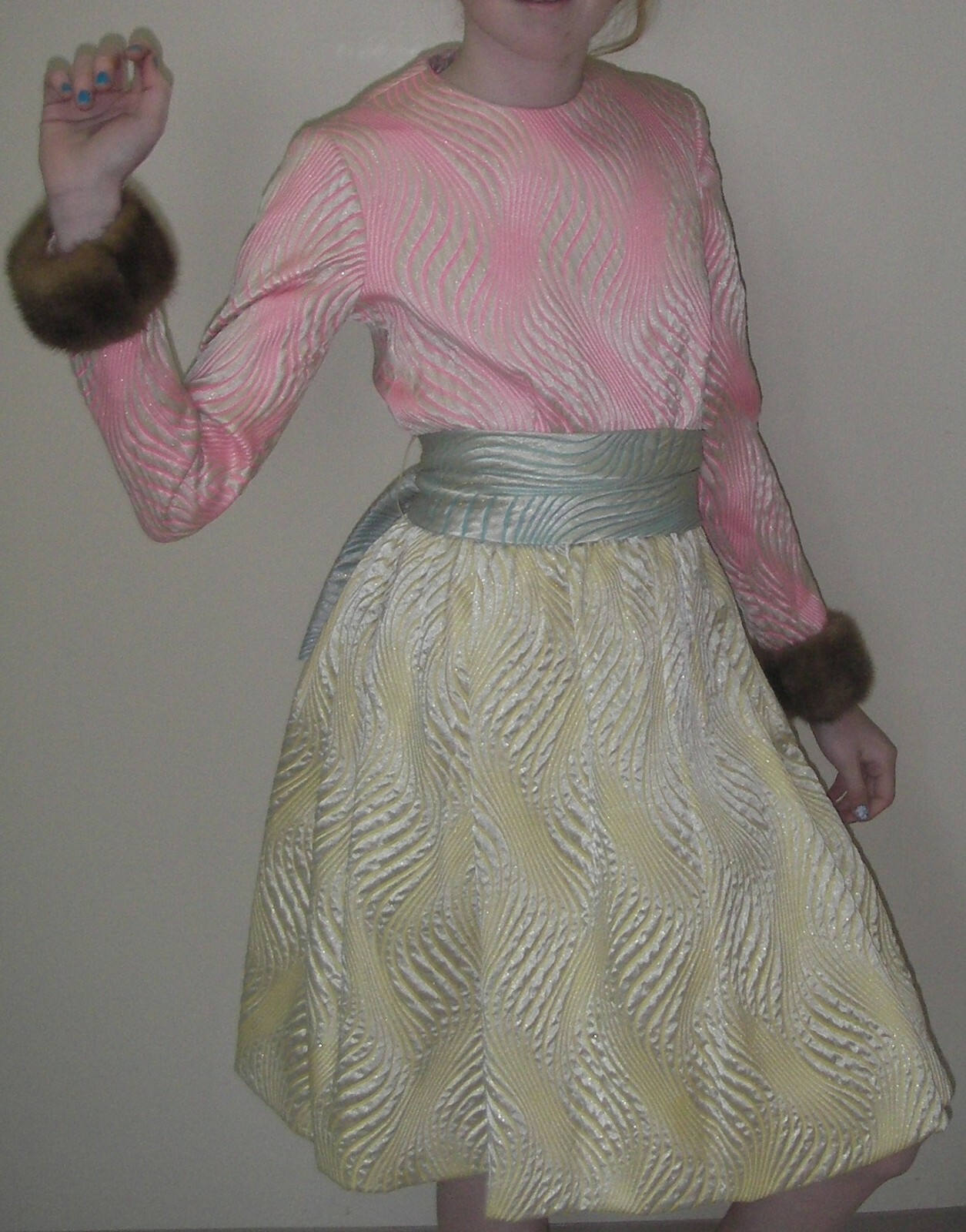 Vintage 1960s Kiki Hart Saks Fifth Ave Brocade Dress Mink Fur Cuffs Sash Belt