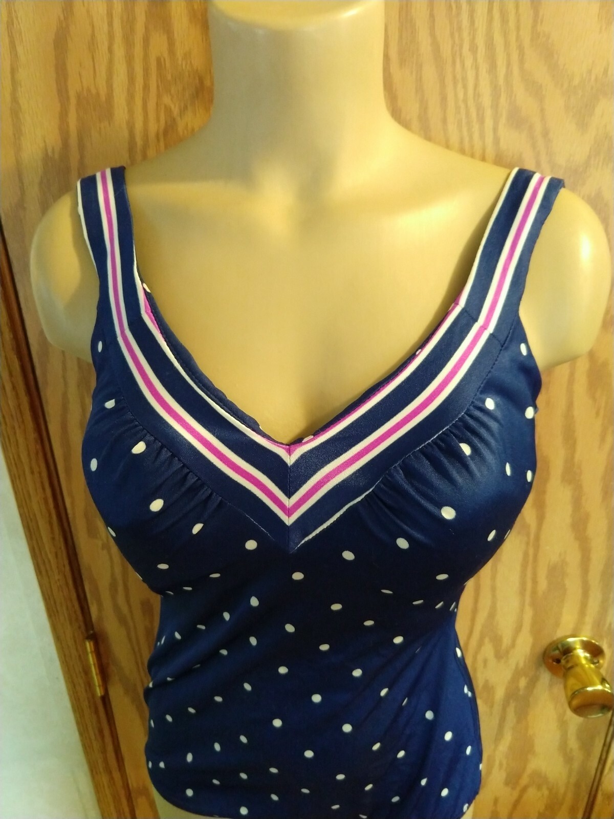 Womens Maxine Of Hollywood Polka Dot Ruched Swimsuit Pinup Bombshell bra VTG