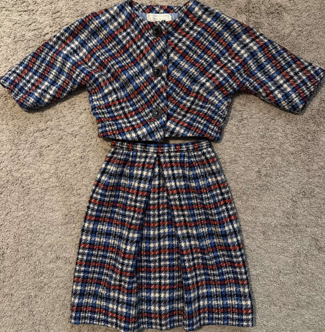 Vintage 1960s Handmade Wool Tweed Skirt Suit Set XXS 00 Cropped Boxy Jacket