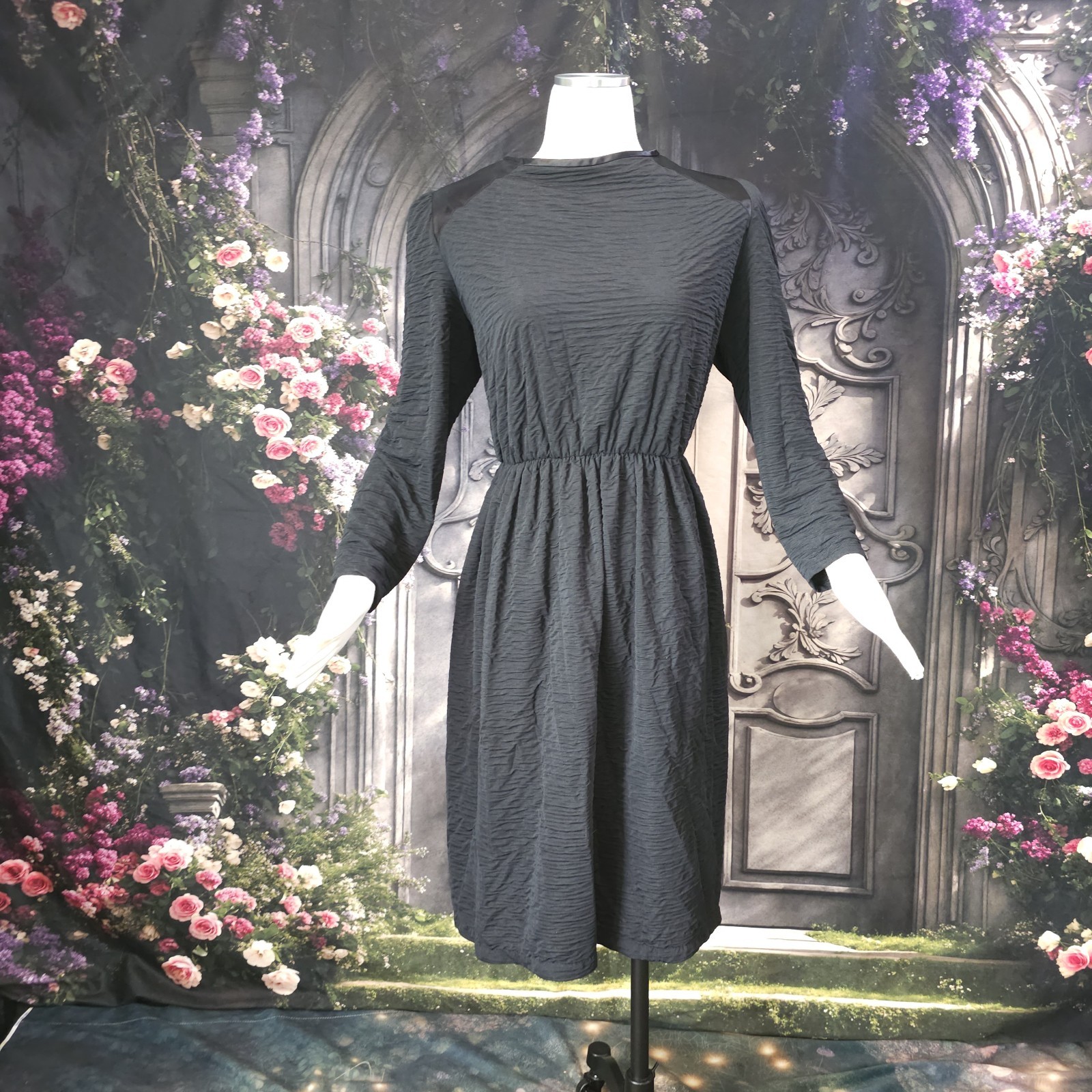 Vintage 1970s Black Dress Textured Fabric Satin Shoulders Long Sleeves