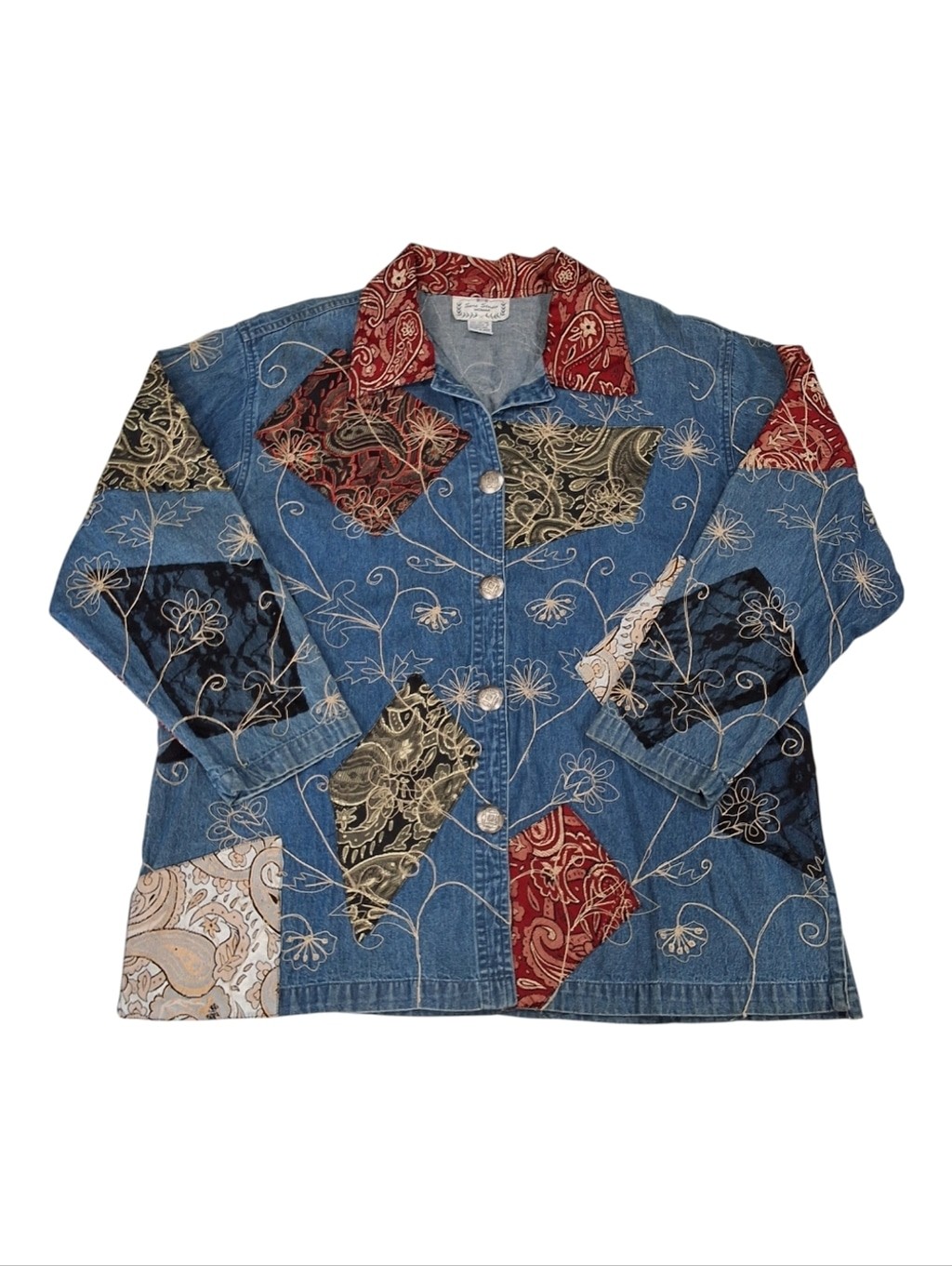 Sara Studio~Womens VTG Patchwork Embroidery Denim Jean Chore Jacket~Barn Coat~2X
