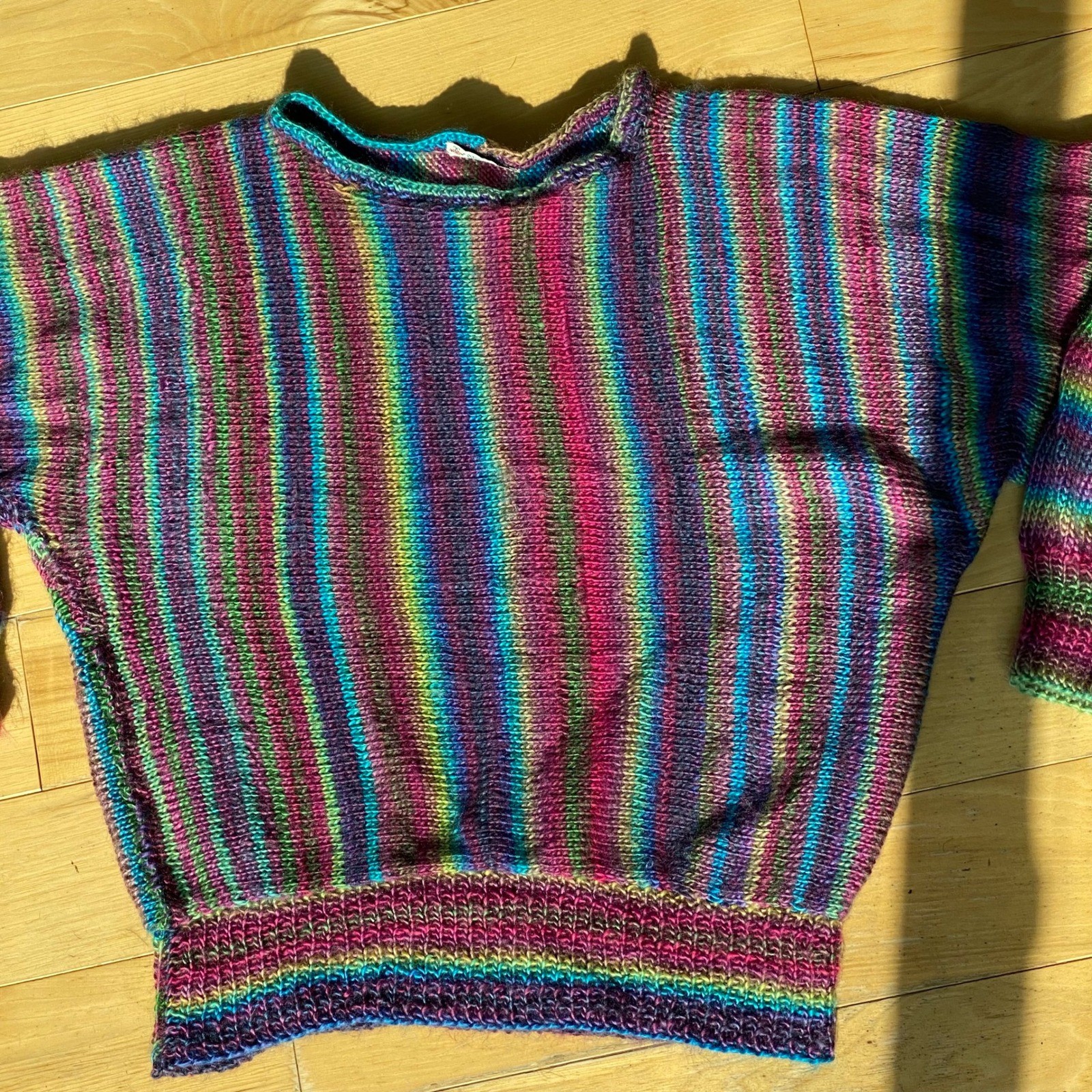 VTG Handknit Colorful Striped Balloon Sleeve Bubble Hem Sweater Twee Grandmacore