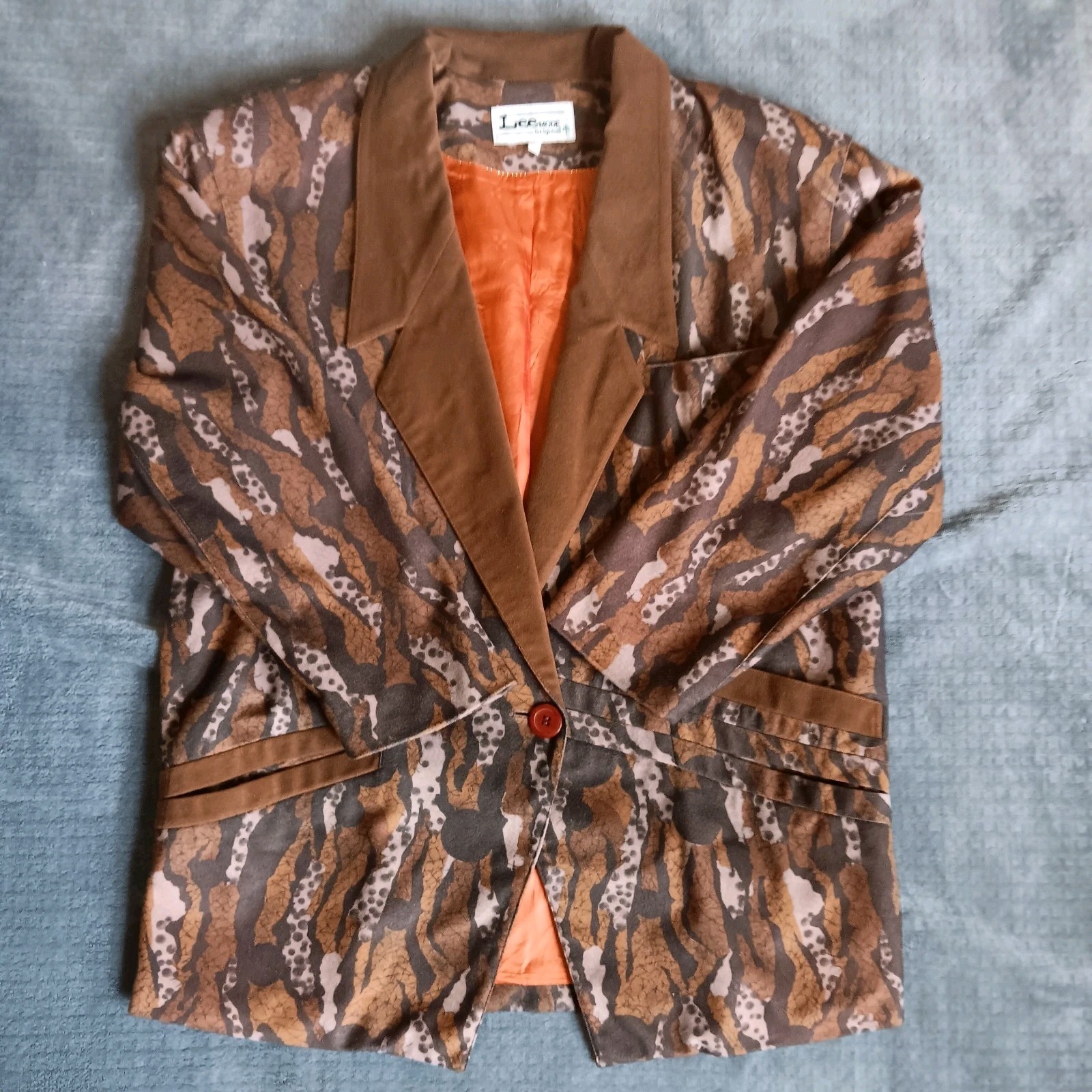 Vintage Lee Camo Tree Bark 2 Piece Jacket Skirt Suit Set Brown Velvety Artsy