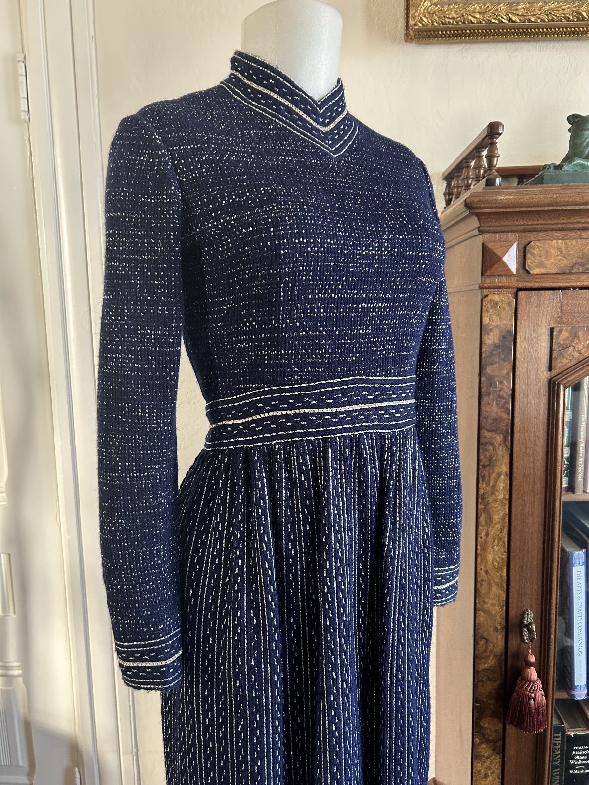 Vintage 60s 70s George Halley Rare Designer Blue & Silver Glitter Maxi Dress