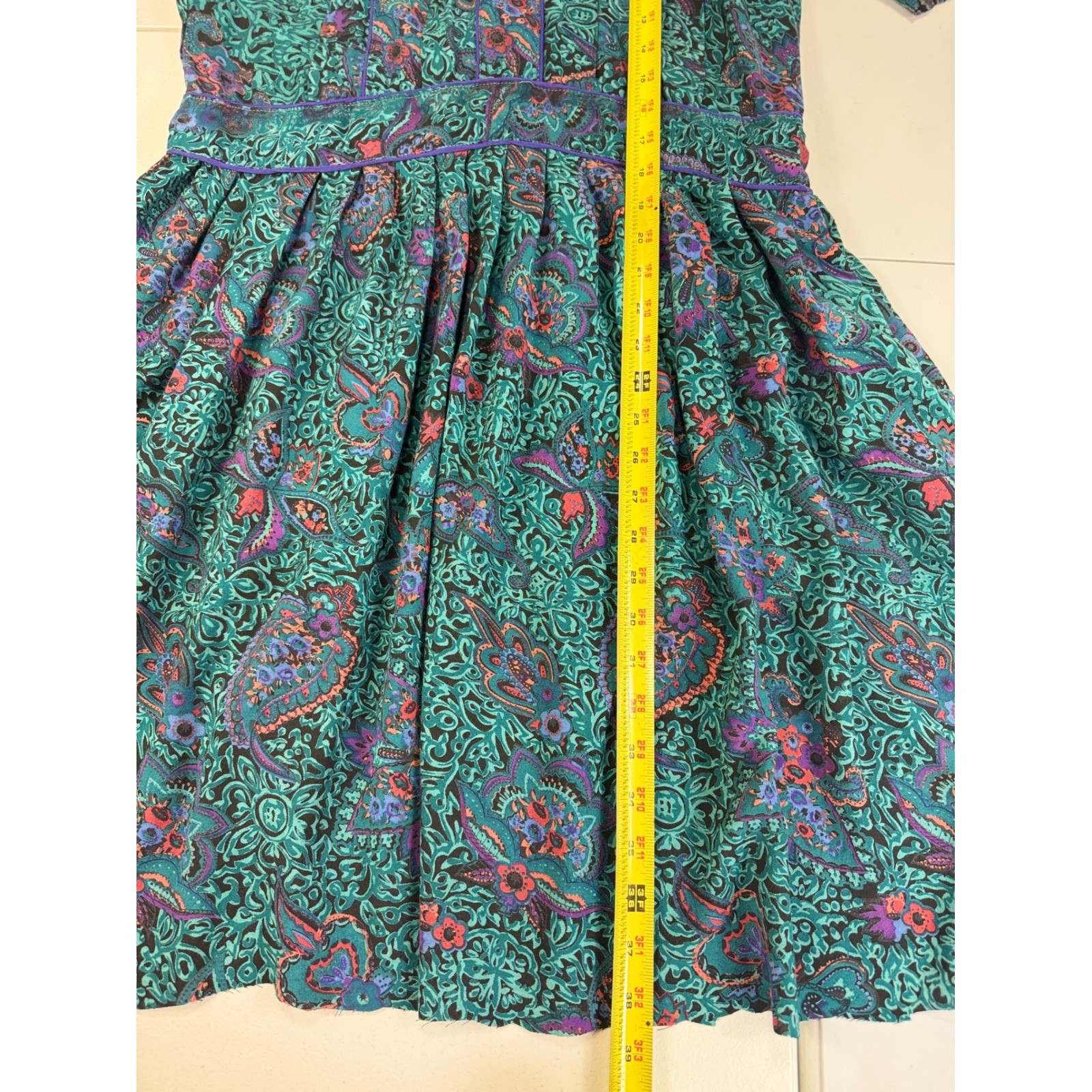 Vintage Phool Paisley Midi Dress Teal Purple Mock Neck Short Sleeve India M
